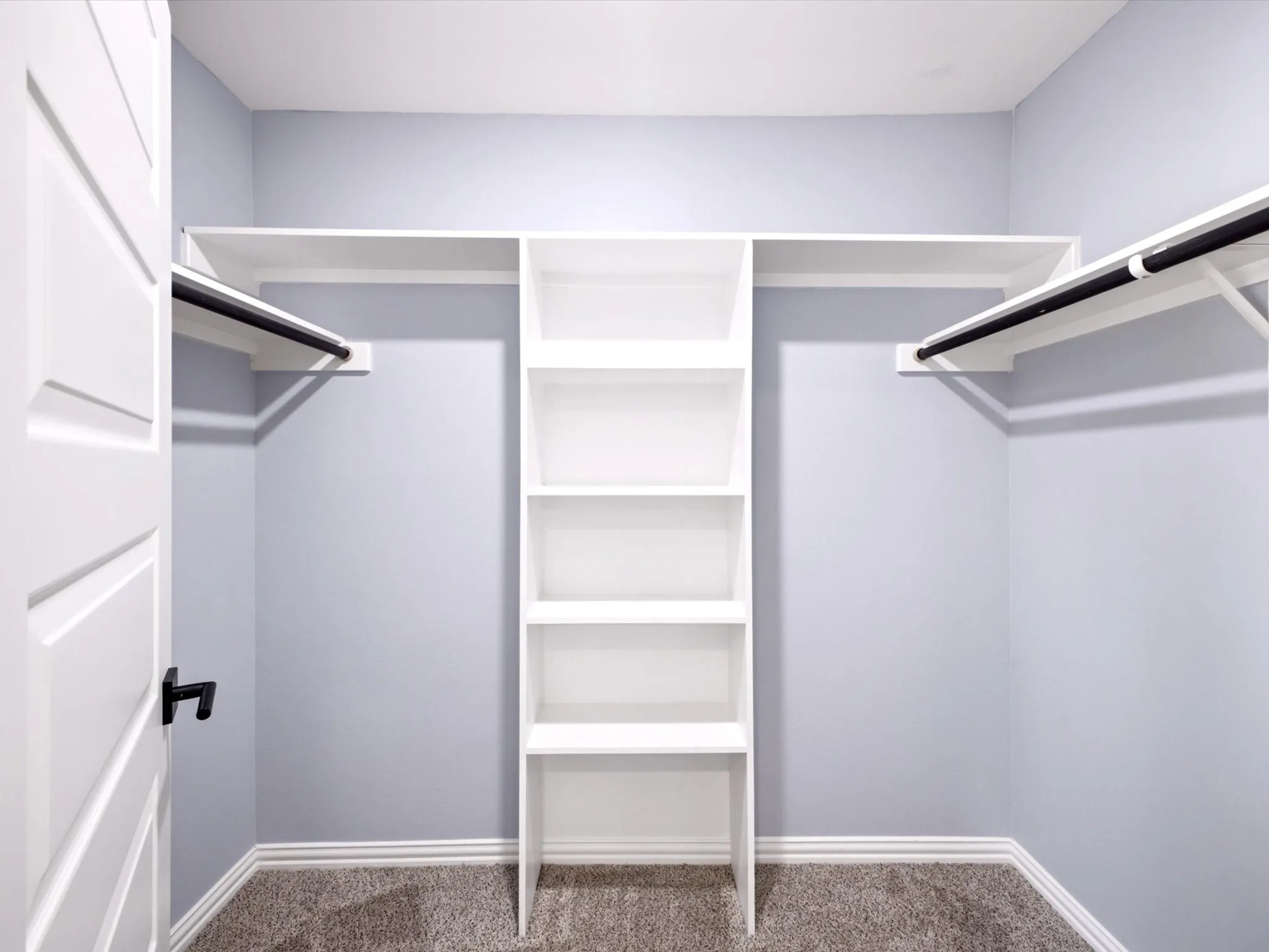 Built-in shelving unit, dual clothing rods, wood-finish door, and carpeted flooring