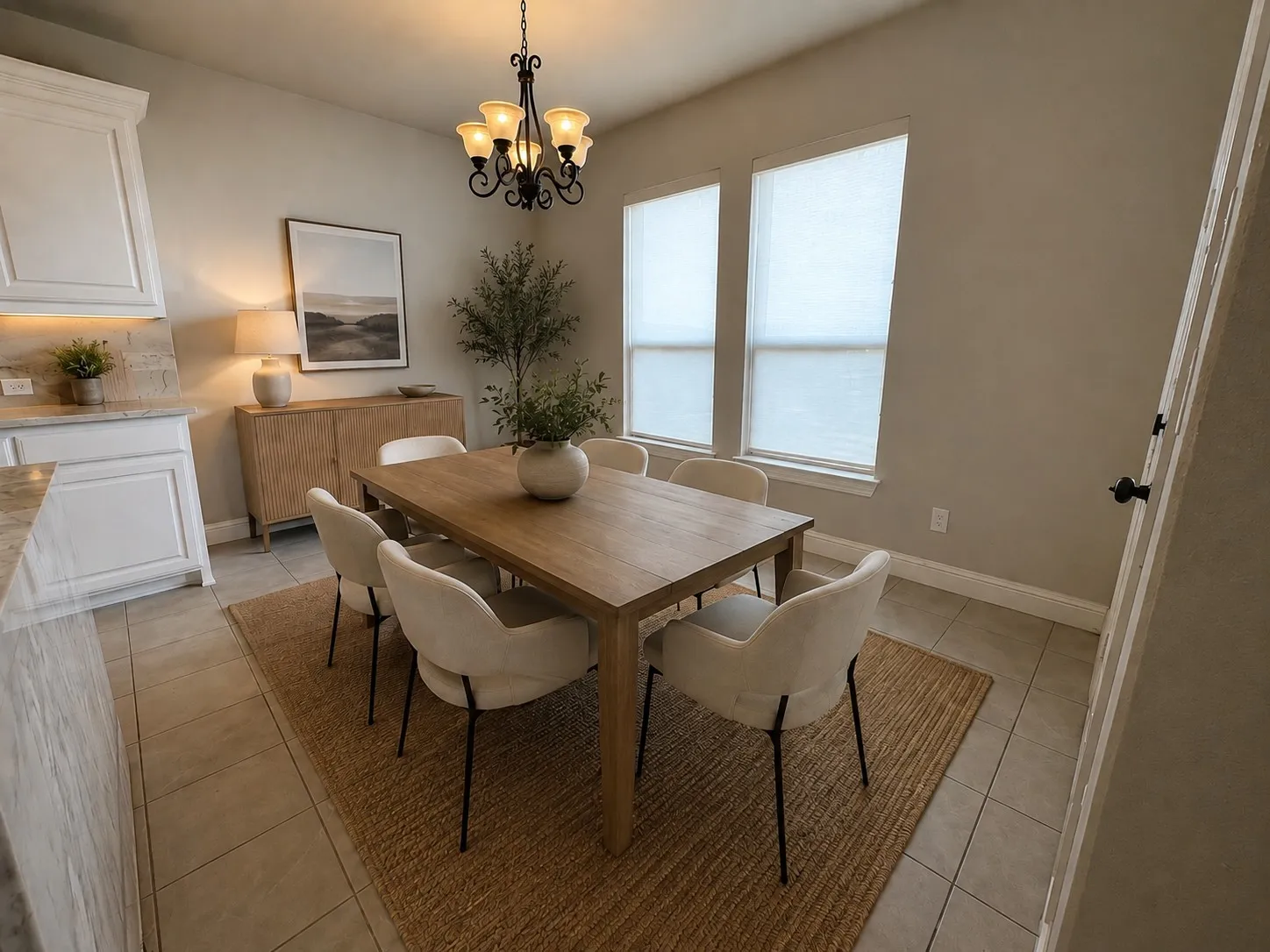 STAGED Dining area featuring two windows with blinds, a chandelier, and a built-in buffet with lighting