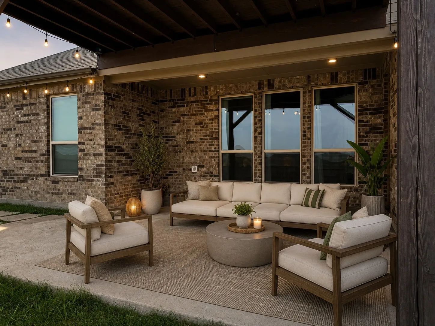 STAGED Covered patio with recessed lighting, brick exterior, concrete patio surface, and string lights