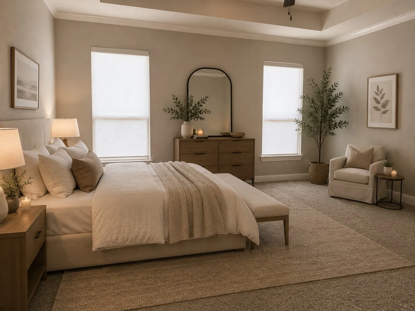 STAGED Recessed ceiling with crown molding, two large windows with roller shades, carpeted flooring, and neutral wall tones