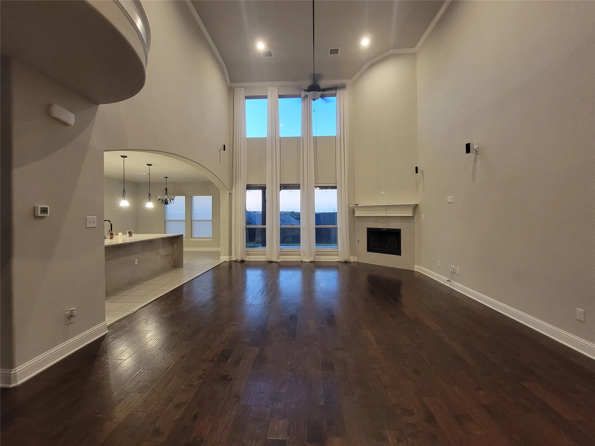 Soaring ceilings with extensive window fenestration, wood-finish flooring, a contemporary fireplace, and an arched entryway