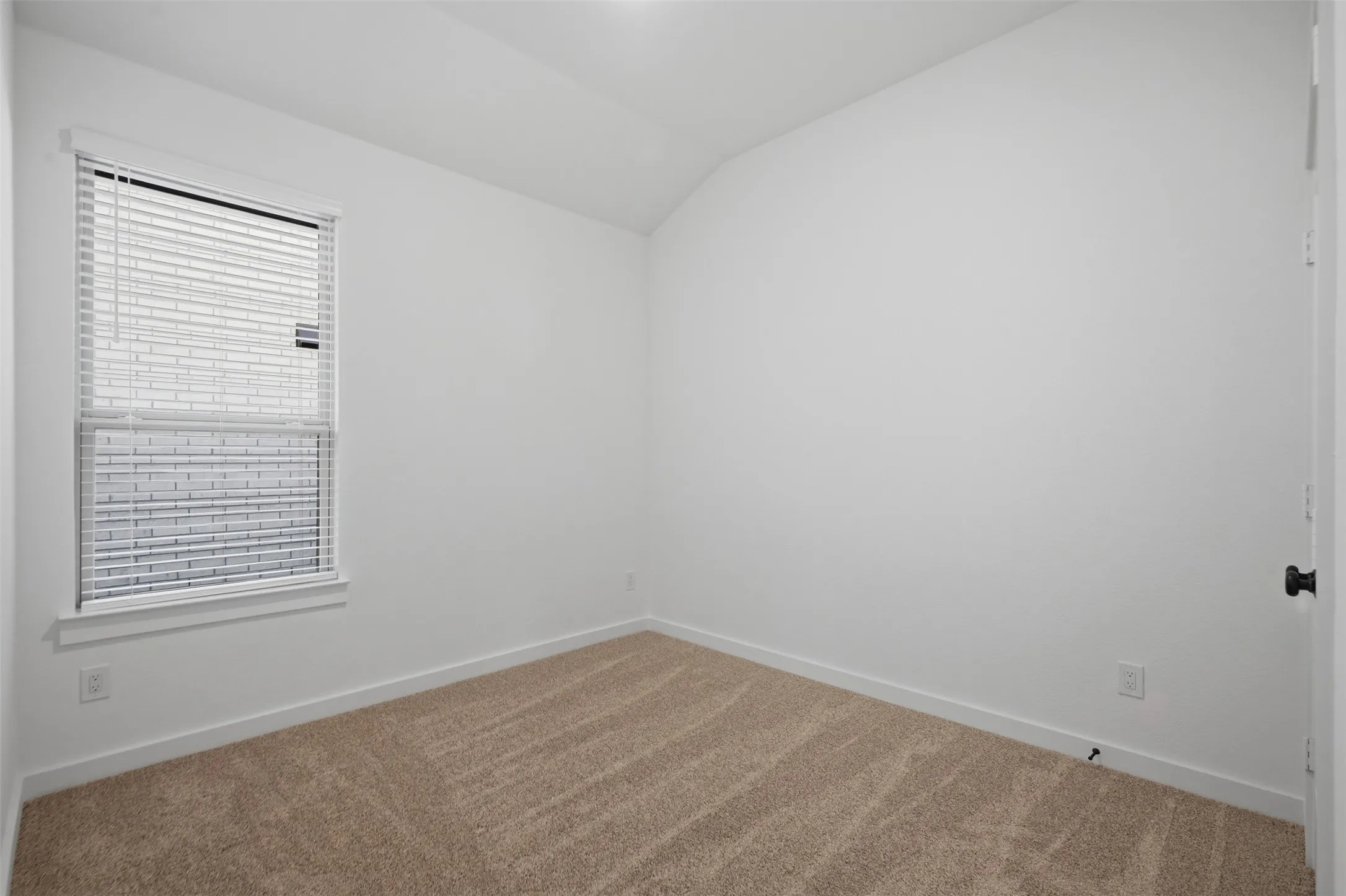 Wall-to-wall carpeting, single window with blinds, and neutral wall paint