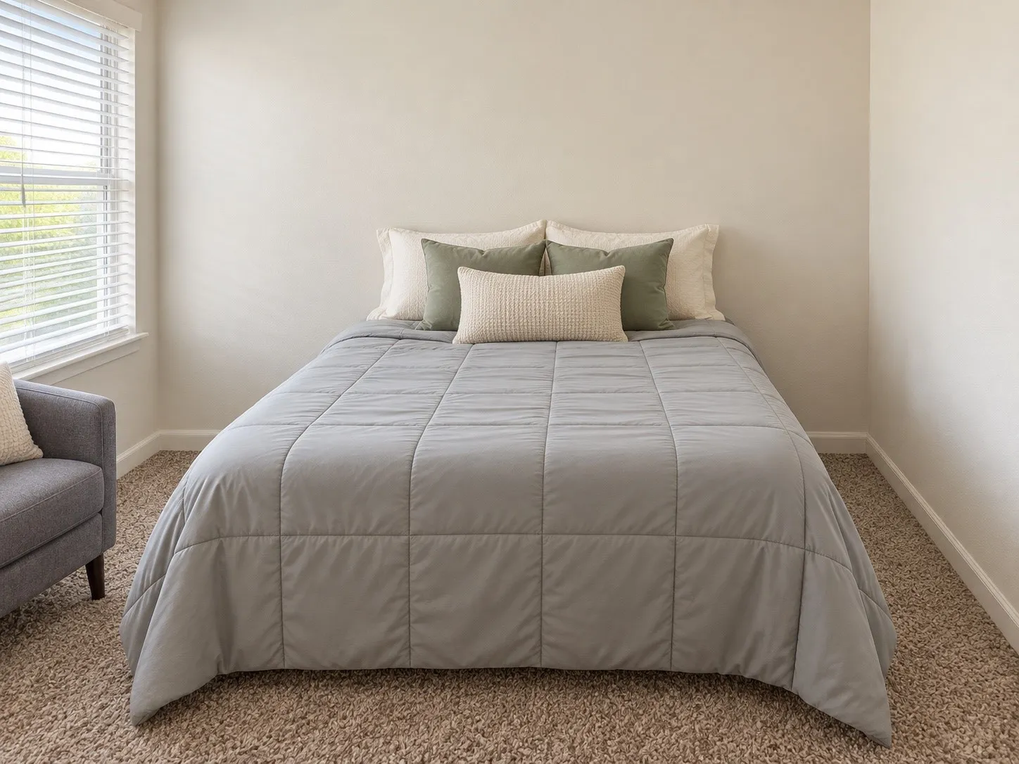 Neutral wall paint, carpeted flooring, window with blinds, and white trim