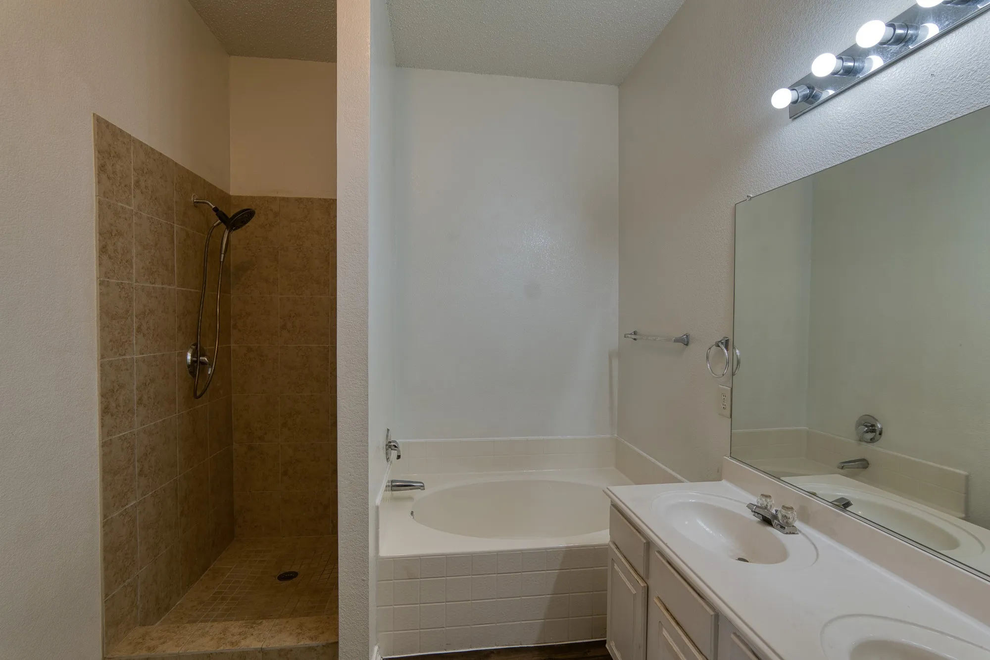 Tub and shower, double vanity, hollywood lighting