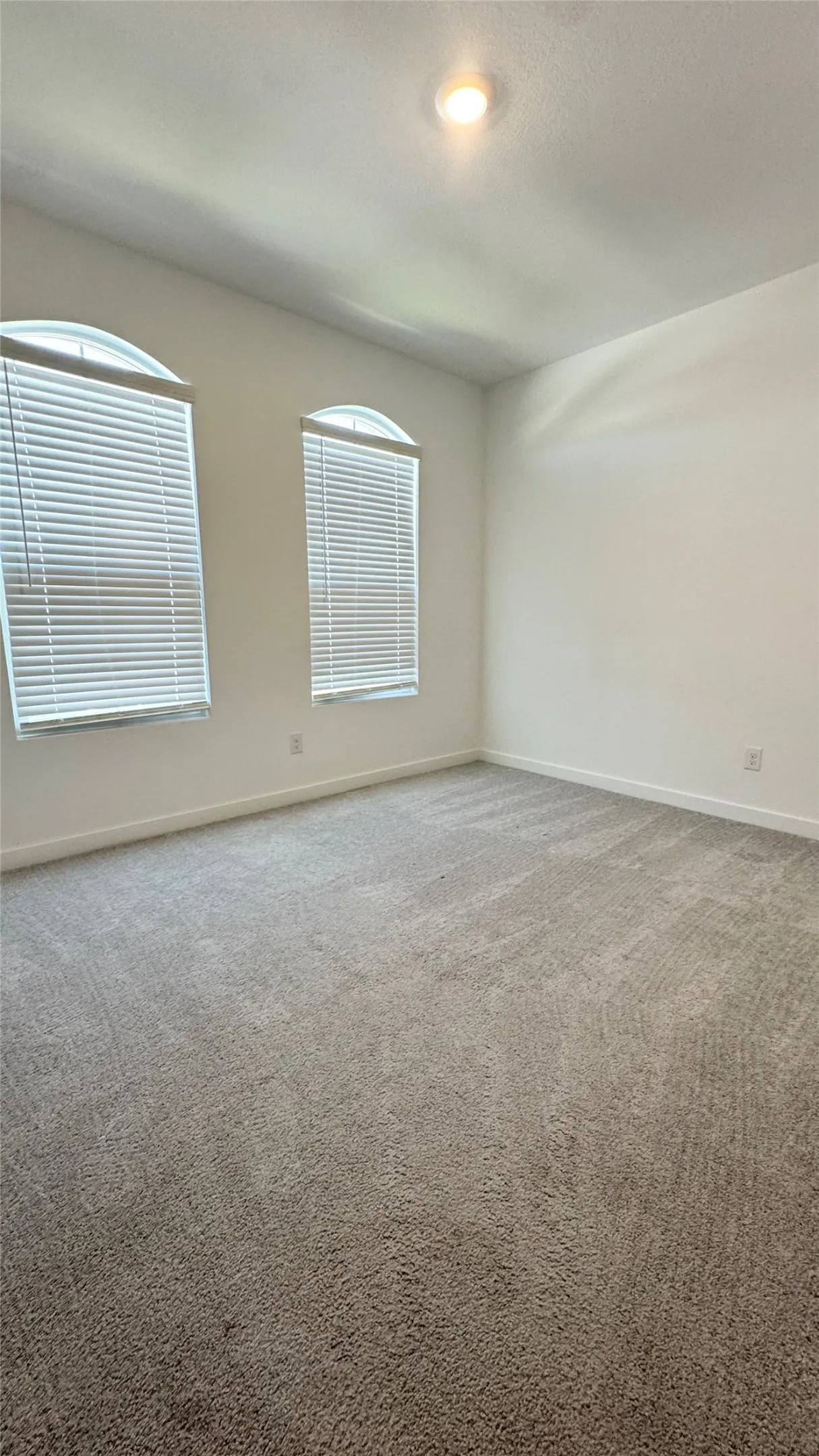 Recessed ceiling lighting, vaulted ceiling, arched windows, privacy blinds, and neutral tone carpeting