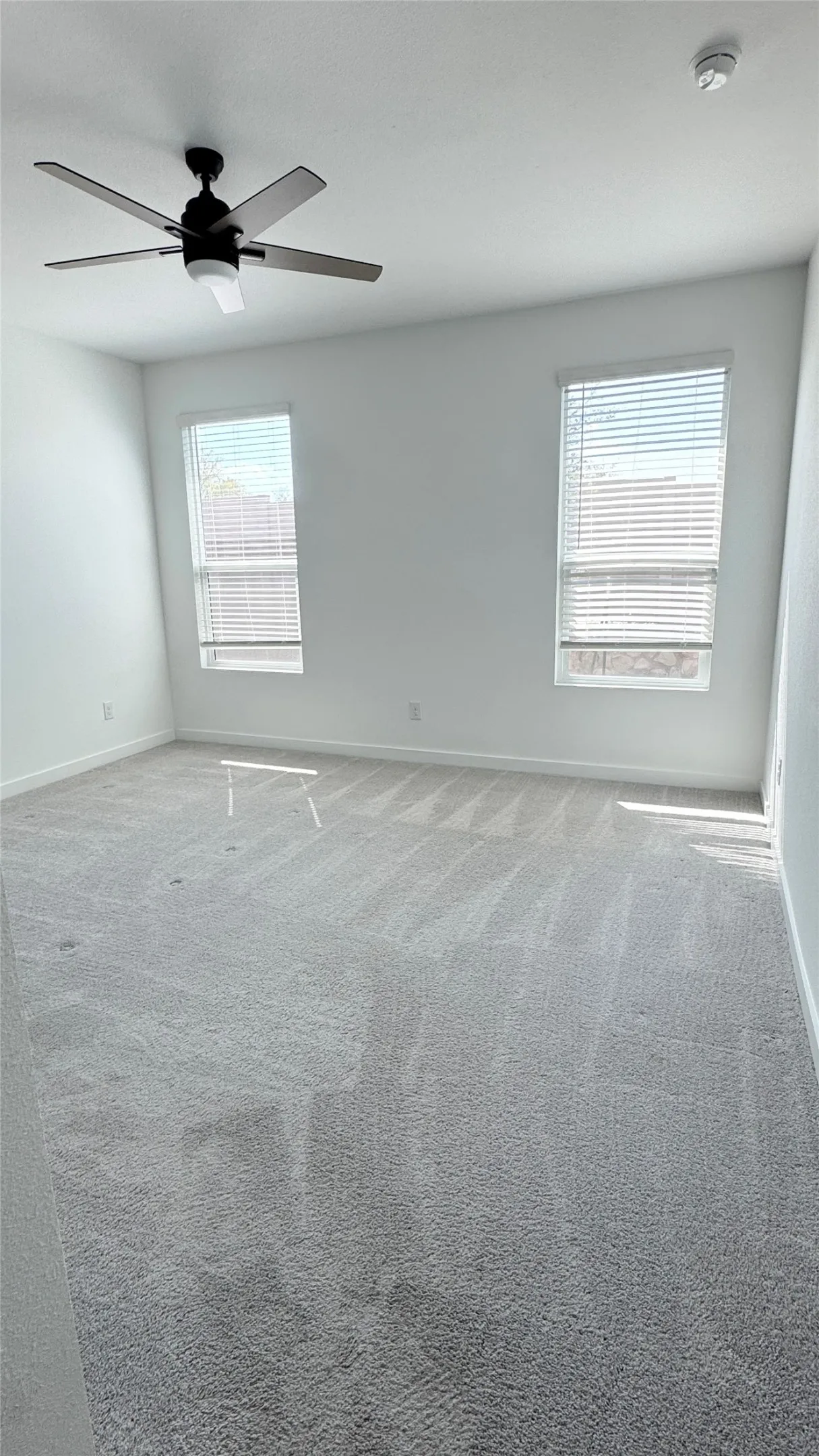 Neutral paint palette with ceiling fan, two windows, and light-toned carpeting