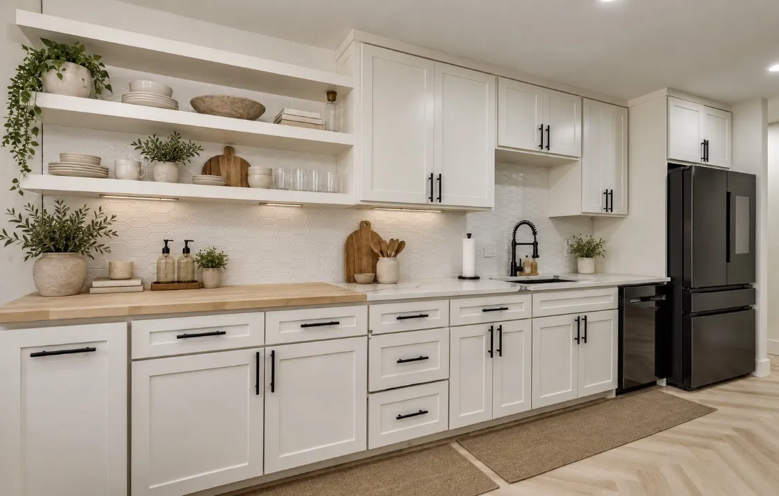 Bright kitchen featuring white cabinetry, open shelving, ample counter space, and stainless steel appliances.