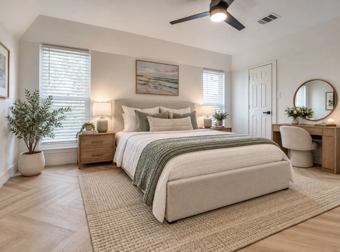 Spacious primary bedroom with natural light, ceiling fan, and neutral finishes.