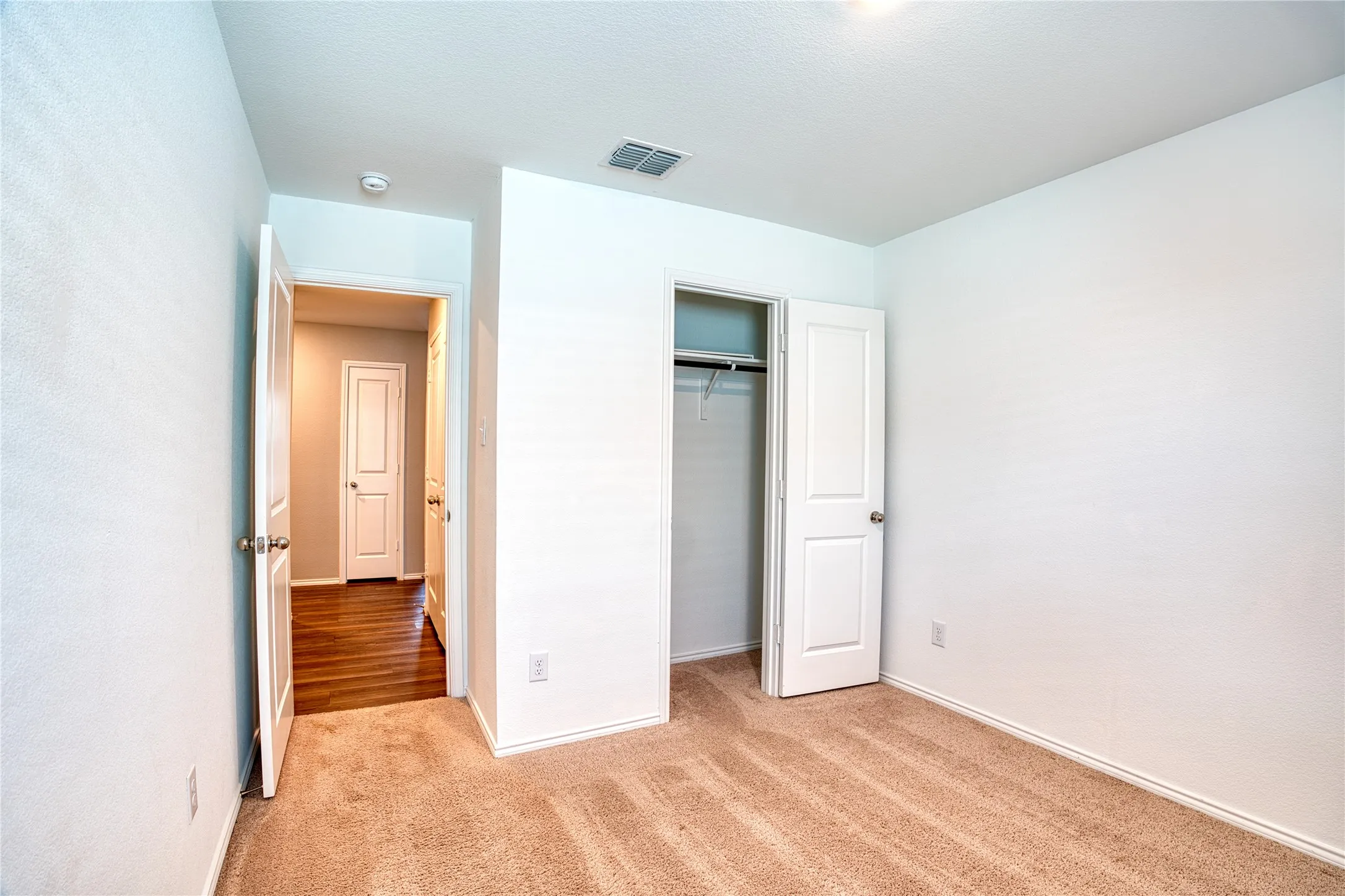 Carpeted room with white walls, a built-in closet, and a hallway with wood-finish flooring