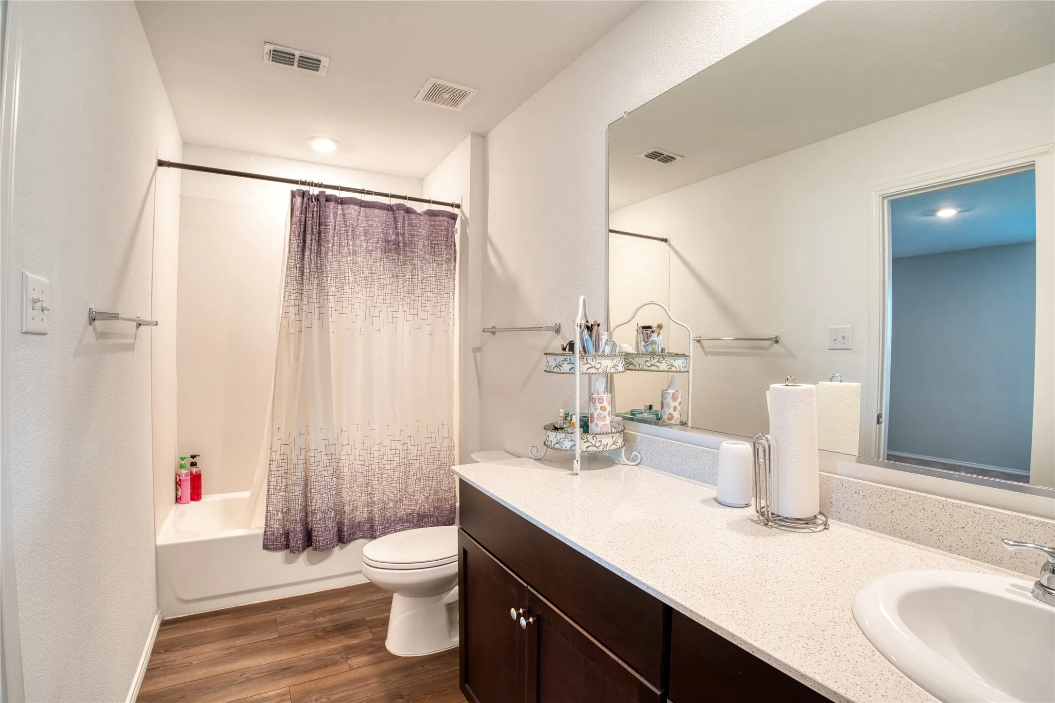 Wood-finish flooring, white vanity with dark cabinetry, integrated sink, and full-wall mirror