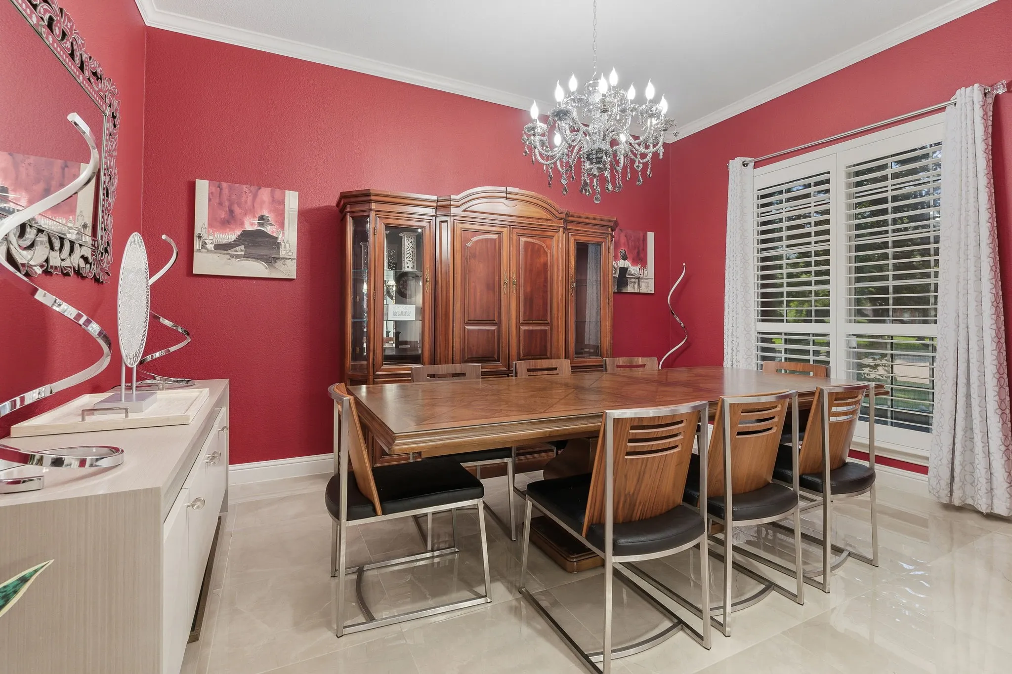 Crown molding with red wall accents