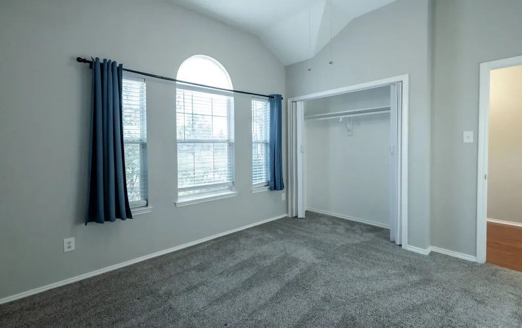 Vaulted ceiling with a half-round window, twin windows with blinds, and a built-in closet with sliding doors
