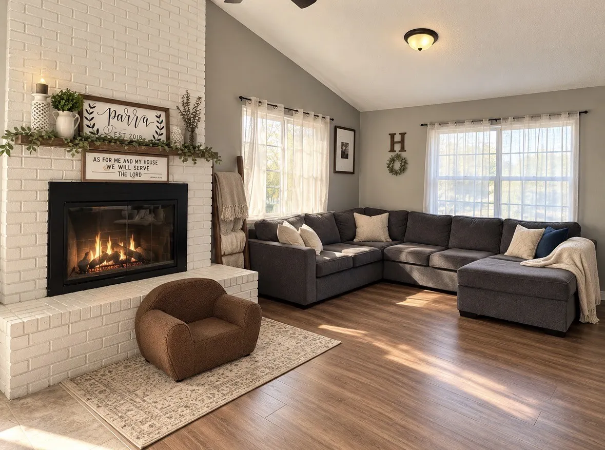 White brick fireplace with a black firebox, wood-finish flooring, vaulted ceiling, and recessed lighting