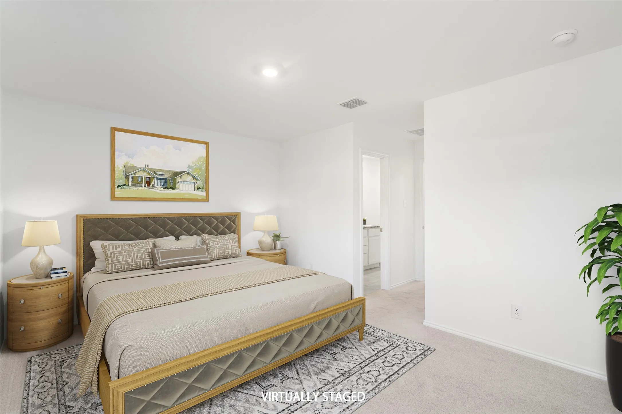 Recessed ceiling lighting, light-toned carpet, and a neutral wall palette