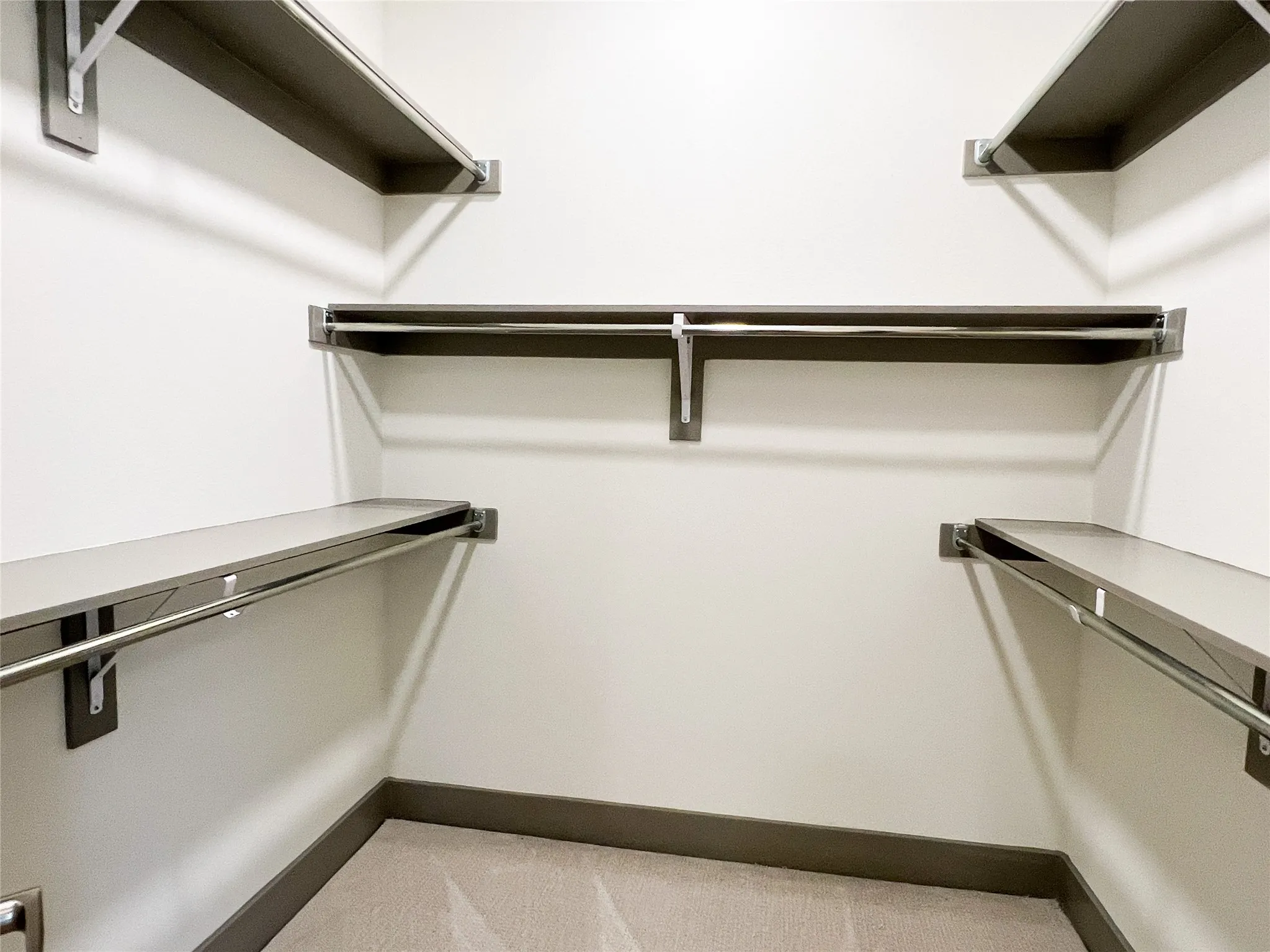 Walk in closet with light colored carpet