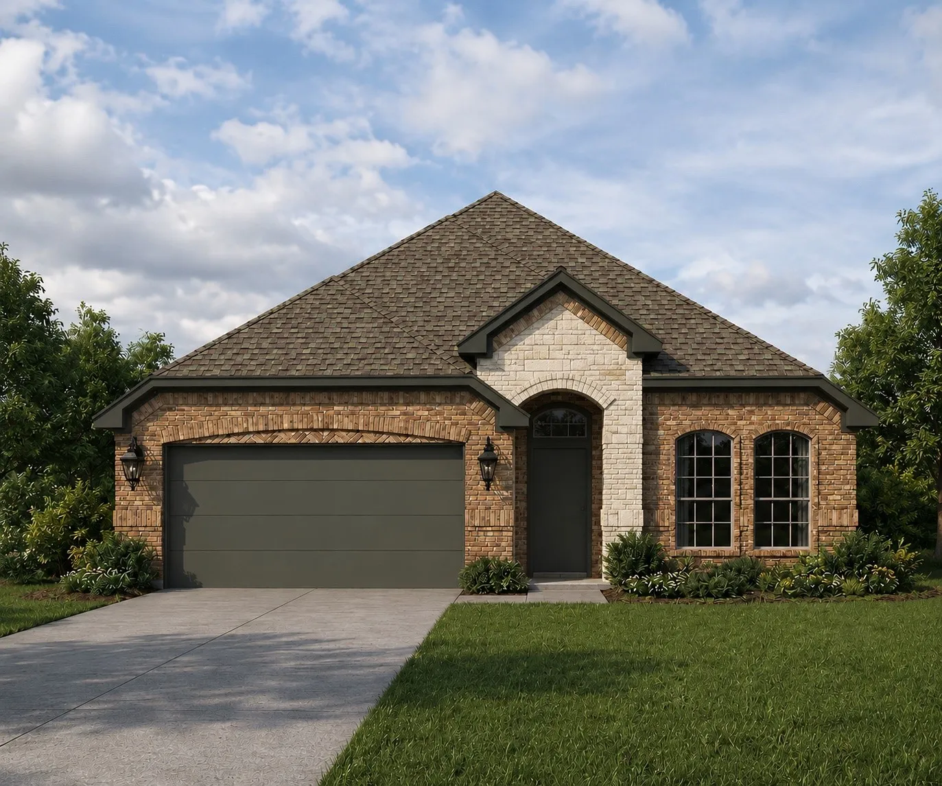 Brick exterior with stone accents, arched entry, arched windows, attached garage, and concrete driveway