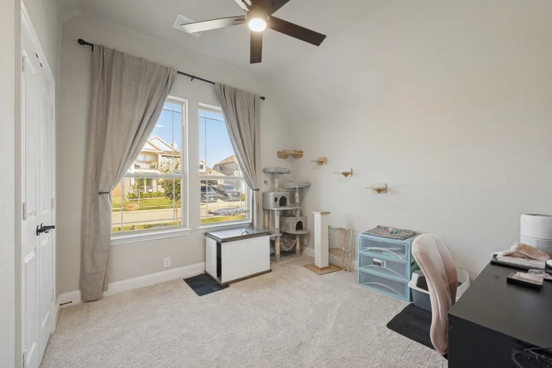 Vaulted ceiling with a ceiling fan, two double-hung windows, and light-colored carpeting