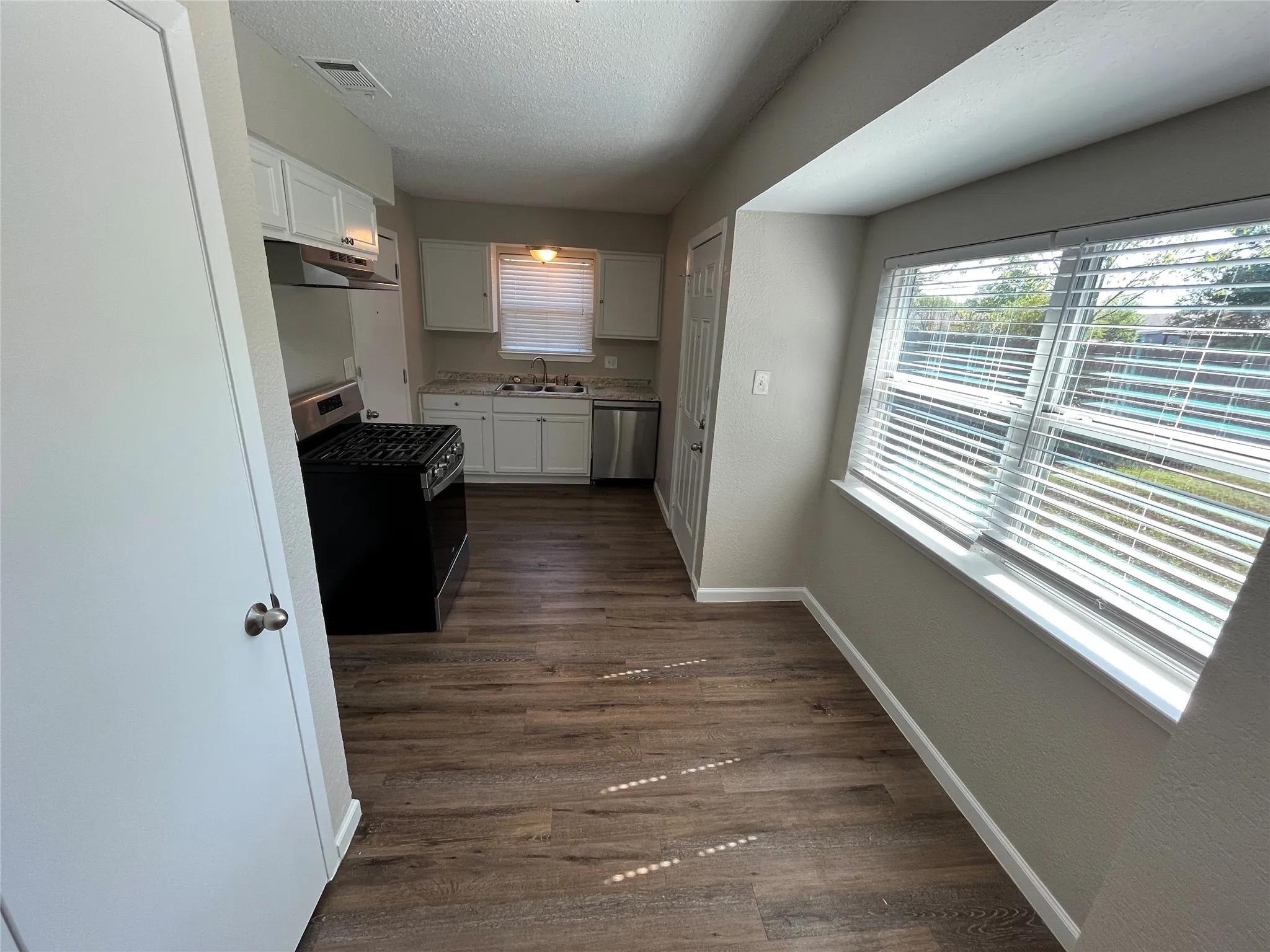 Kitchen featuring wood-finish flooring, white cabinetry, a double basin sink, and stainless steel appliances