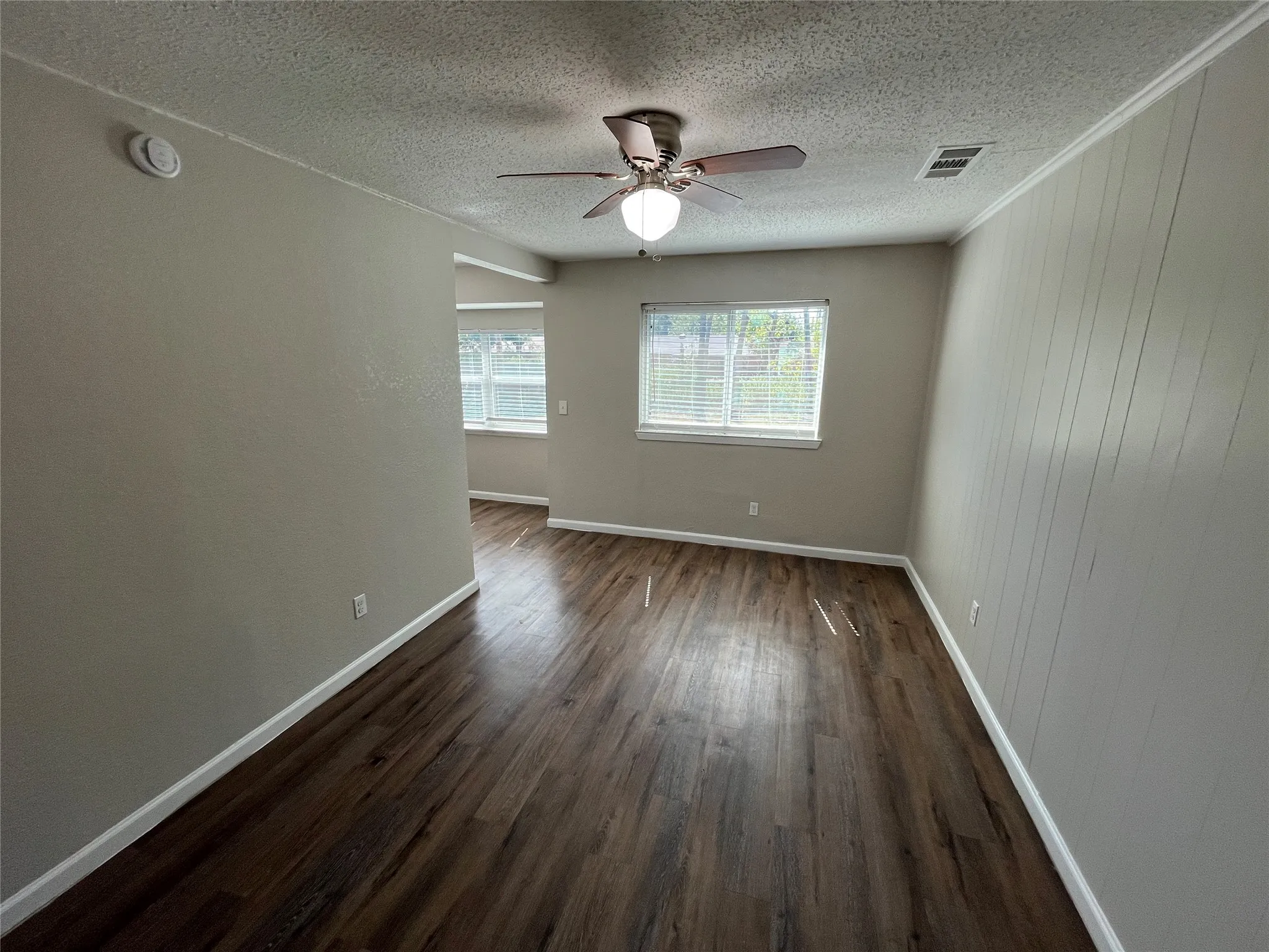 Wood-finish flooring throughout, ceiling fan with integrated lighting, multiple windows with blinds, and a paneled accent wall