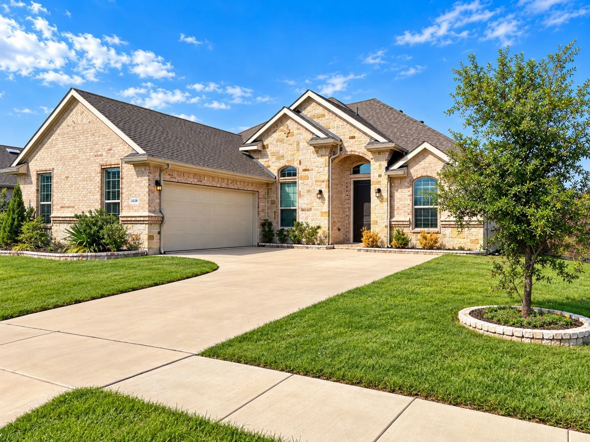Light brick exterior with stone accents, a dark shingle roof, arched entryway, and a two-car garage