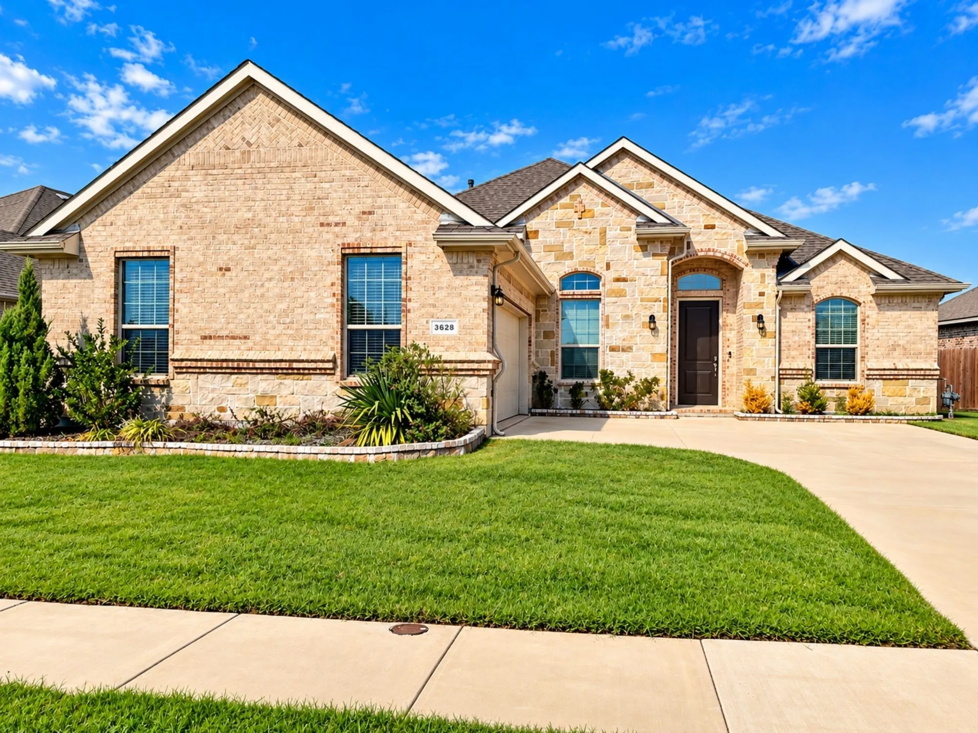 Elegant brick exterior with multiple arched windows and transom details, complemented by a professionally landscaped front lawn with mature plantings and defined hardscape borders