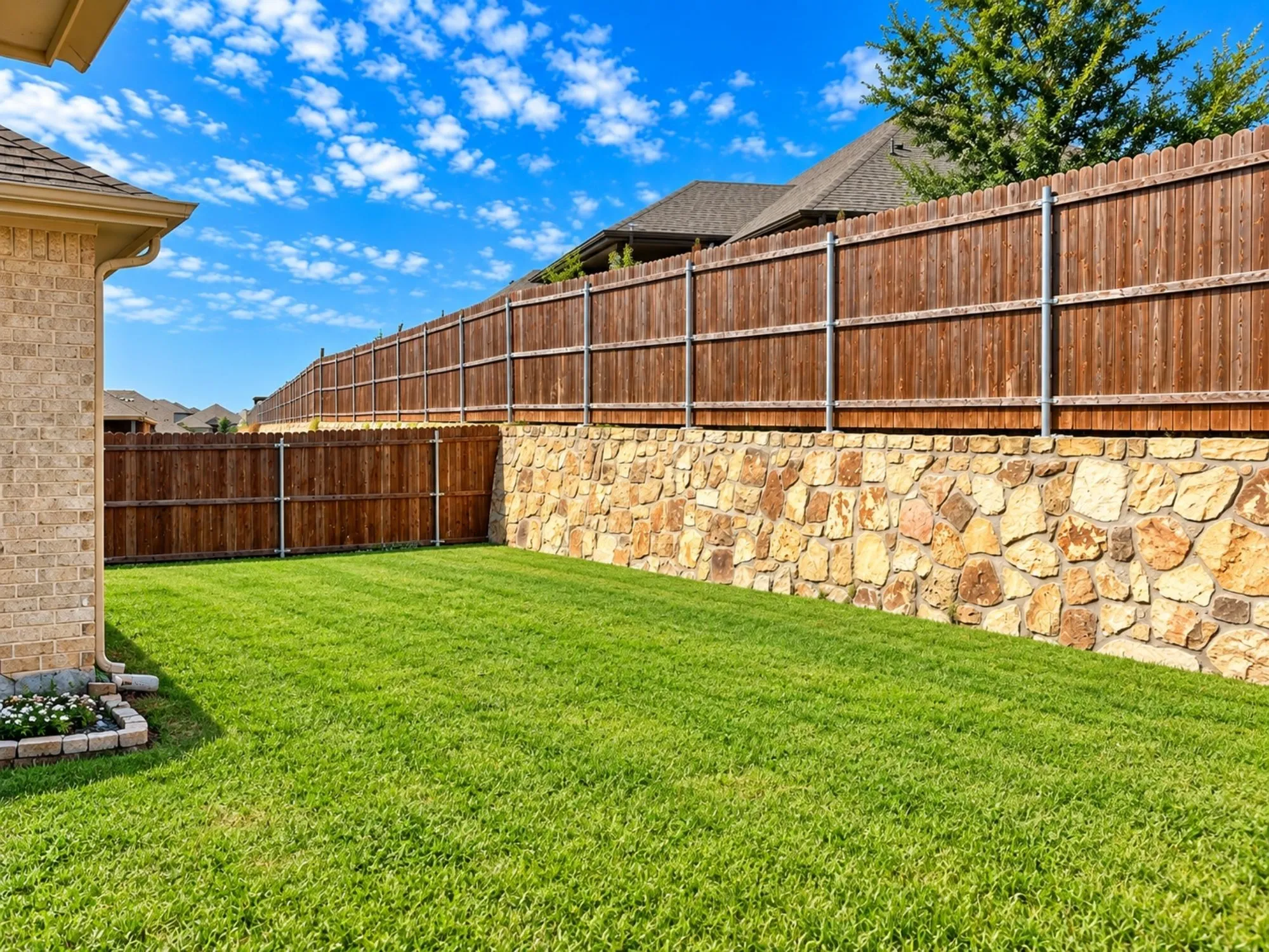 Expansive backyard featuring a lush, manicured lawn bordered by a composite wood-finish fence with white trim and a stone retaining wall