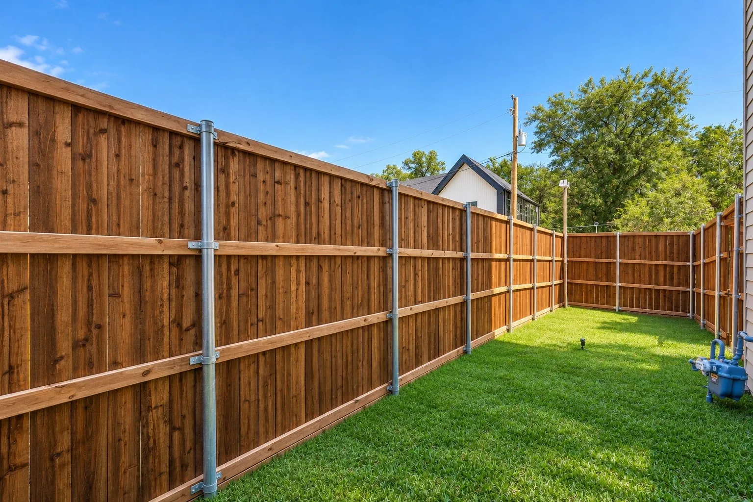 Enclosed yard featuring a wooden privacy fence, green lawn, and galvanized steel fence posts