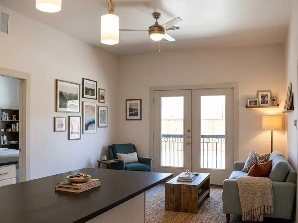 Open-concept living area featuring a kitchen island with a dark countertop, French doors with railing, and a ceiling fan with integrated lighting