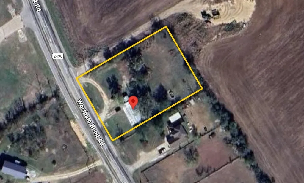 Satellite Map. Outlining the property boundaries and its orientation to Wortham Bend Rd. Boundaries are approximate.