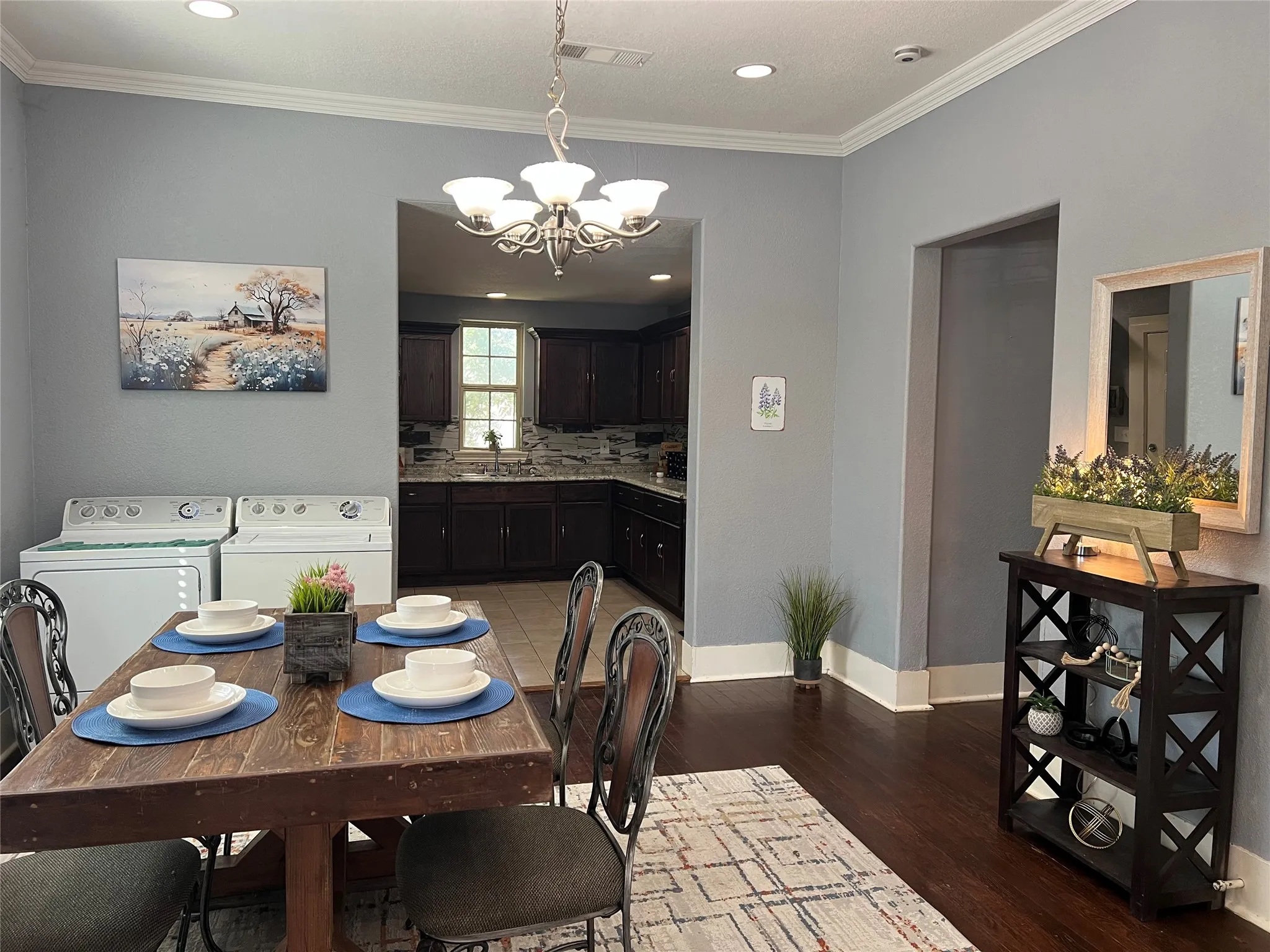 Wood-finish flooring with crown molding