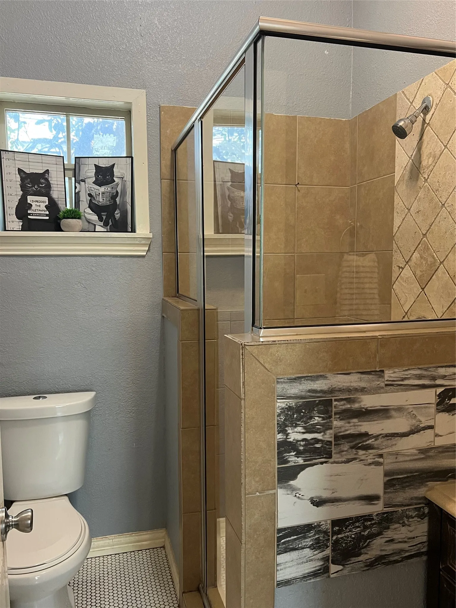 Glass-enclosed shower with tile surround, mosaic tiled shower floor, and a white toilet