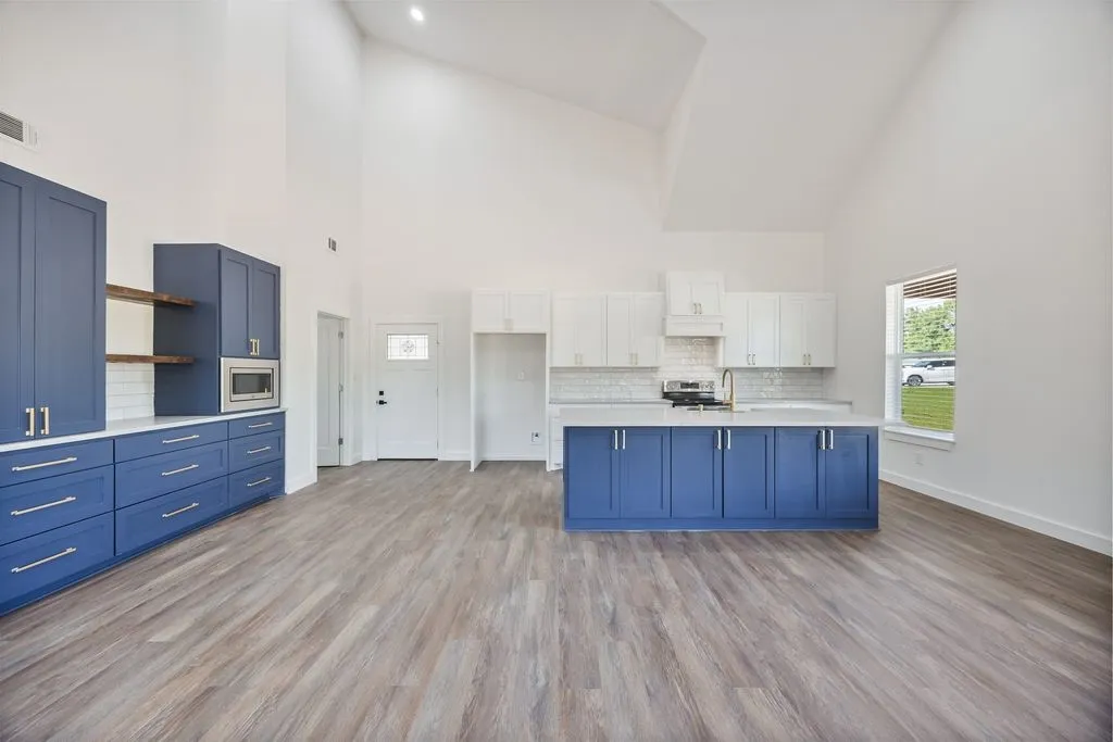 Beautiful blue custom cabinets with gold fixtures, farm house sink and more
