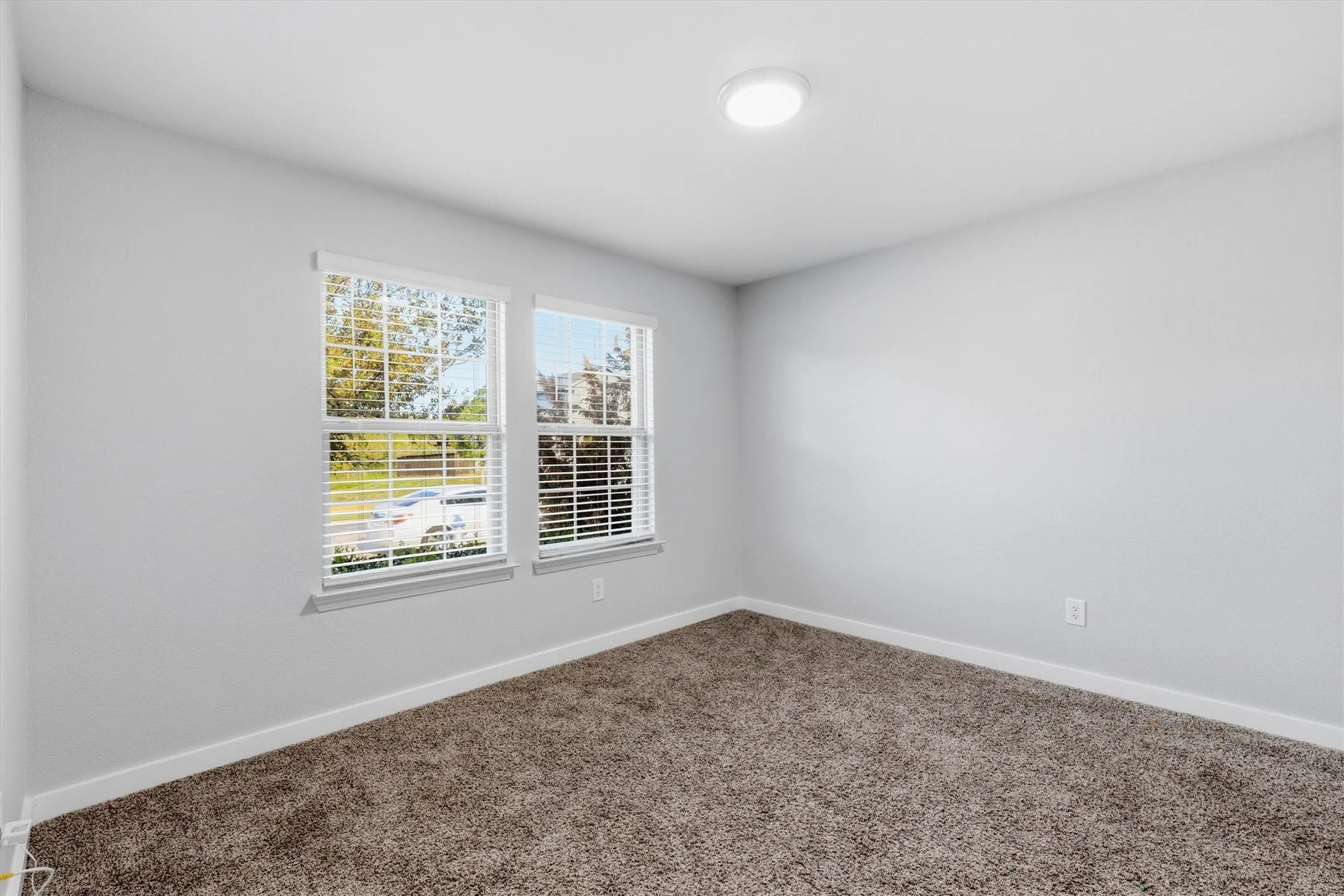 Two windows with horizontal blinds, overhead flush-mount lighting, and wall-to-wall carpeting