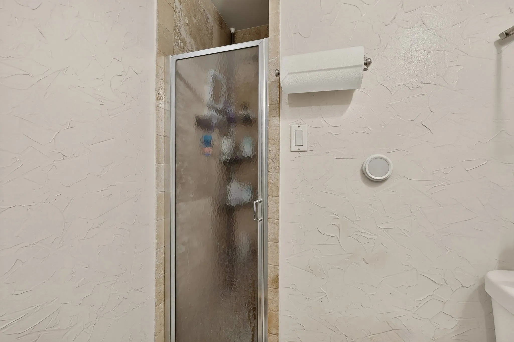 Shower enclosure with a frosted glass door and metal frame