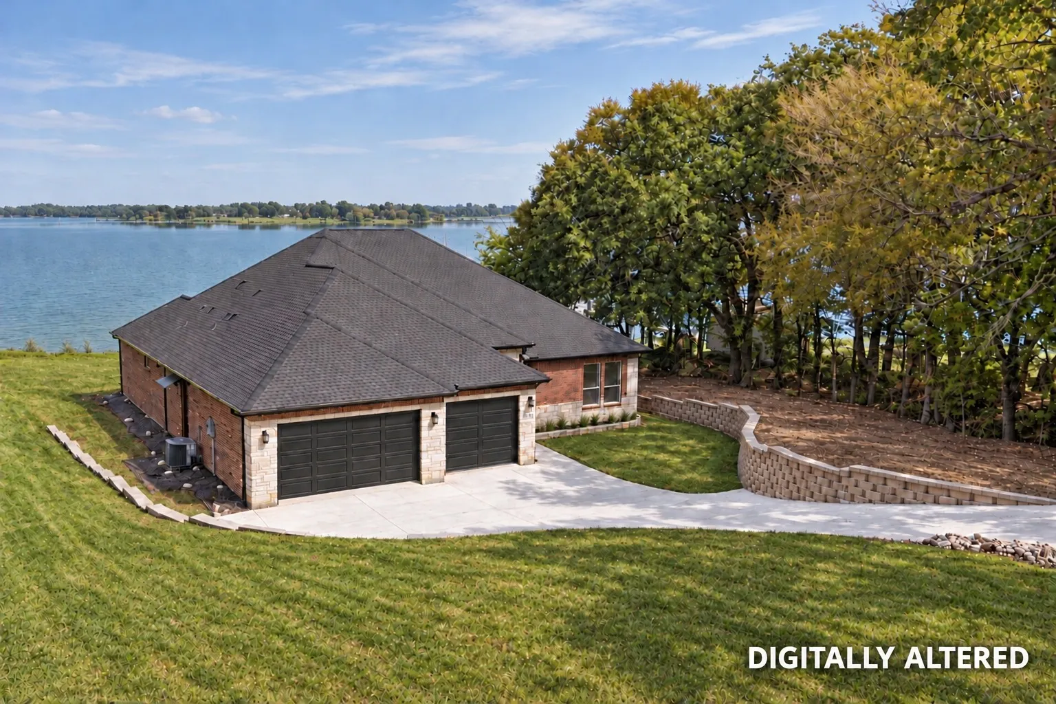 Digitally altered aerial view to illustrate builder's intended garage doors to be installed and grassy lawn once grass has grown in.  Builder has grass seeded the lawn.