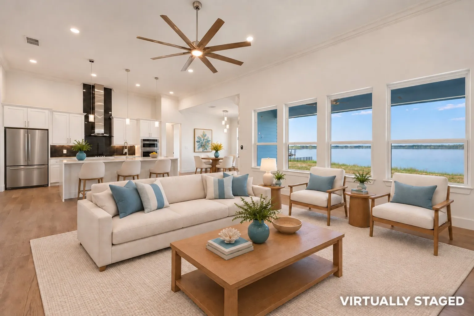 Virtually staged open floor plan living room with panoramic views of Lake Richland Chambers.