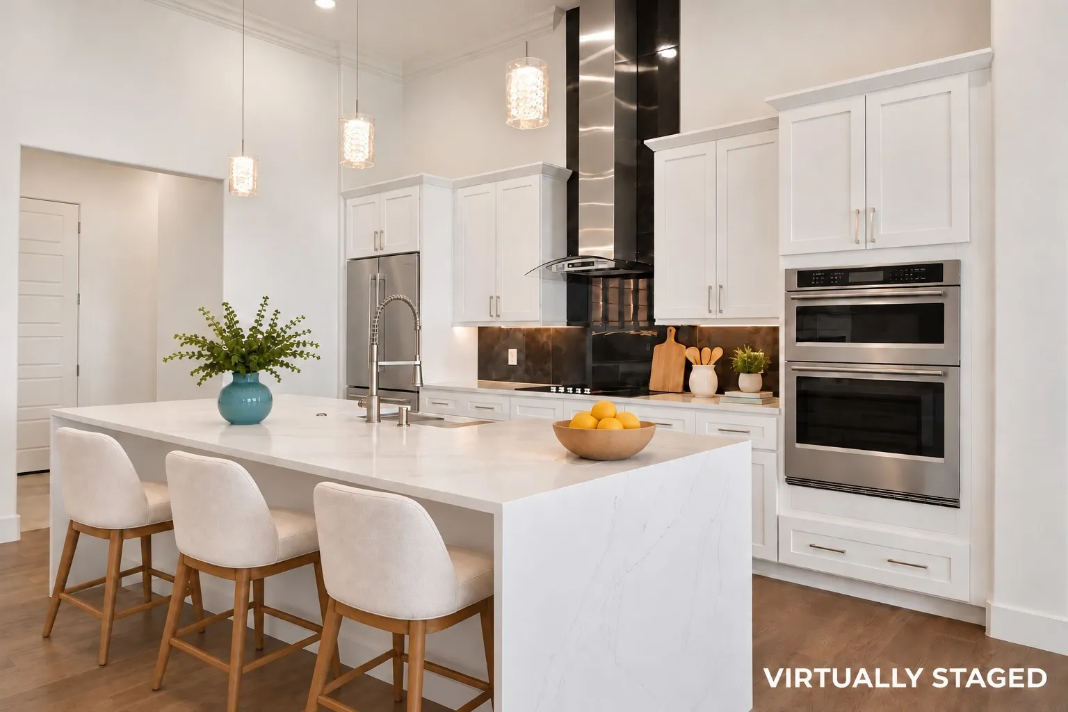 Virtually staged kitchen island and breakfast bar.