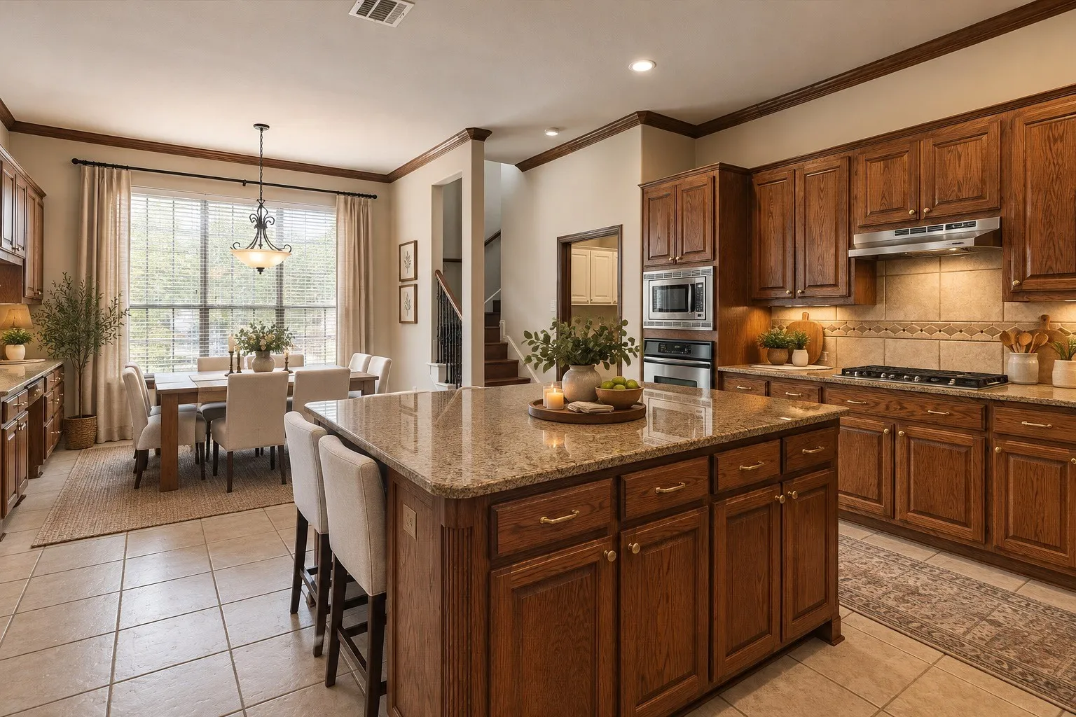 Kitchen featuring wood cabinetry, stainless steel appliances, a center island with a stone countertop, and tile flooring