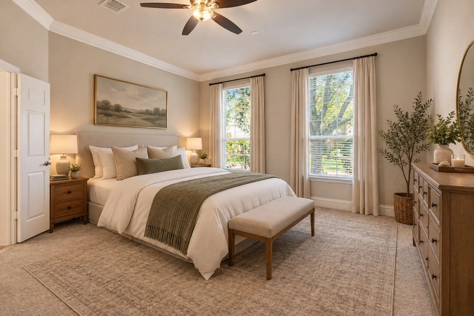 Recessed lighting, crown molding, double windows with blinds, ceiling fan, and carpeted flooring