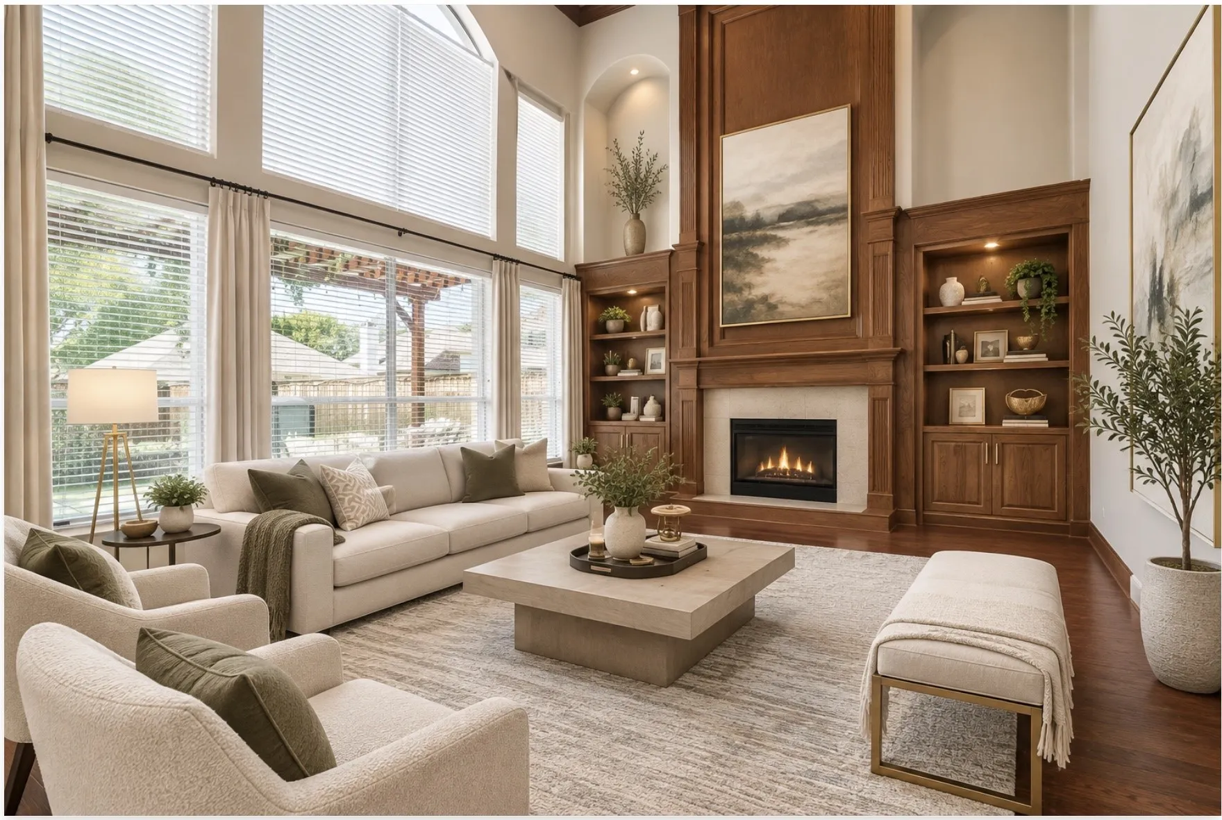 Two-story windows with blinds, wood-finish flooring, built-in shelving, wood-paneled fireplace, and recessed lighting