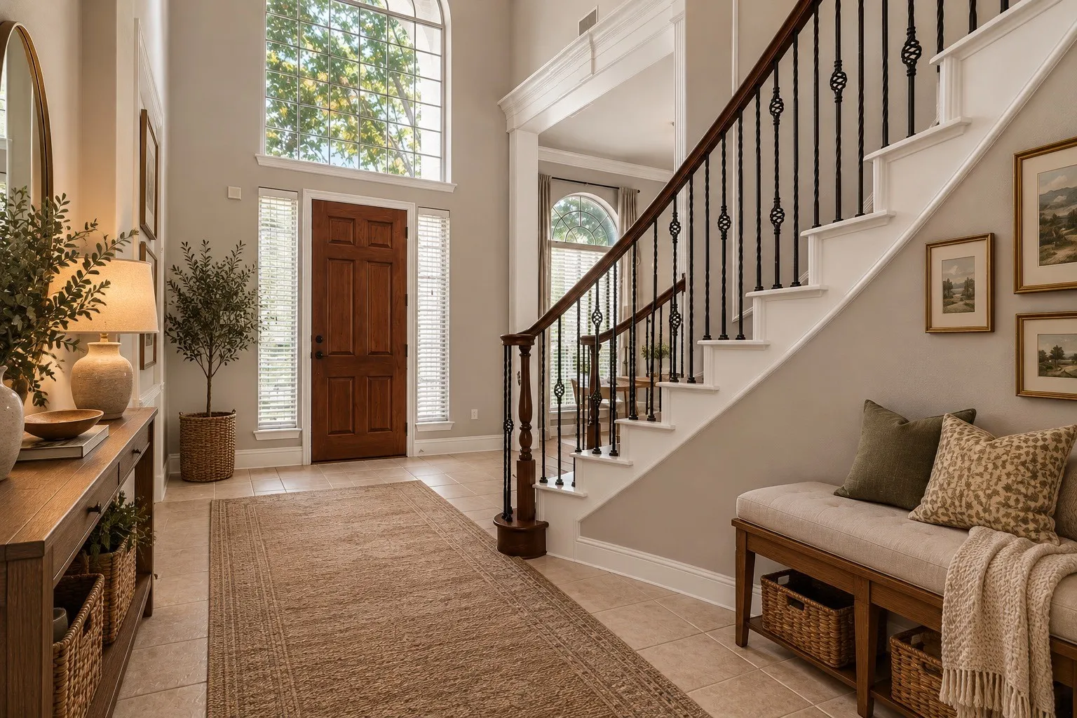 Grand entryway featuring a paneled wood door, transom window, and tiled flooring
