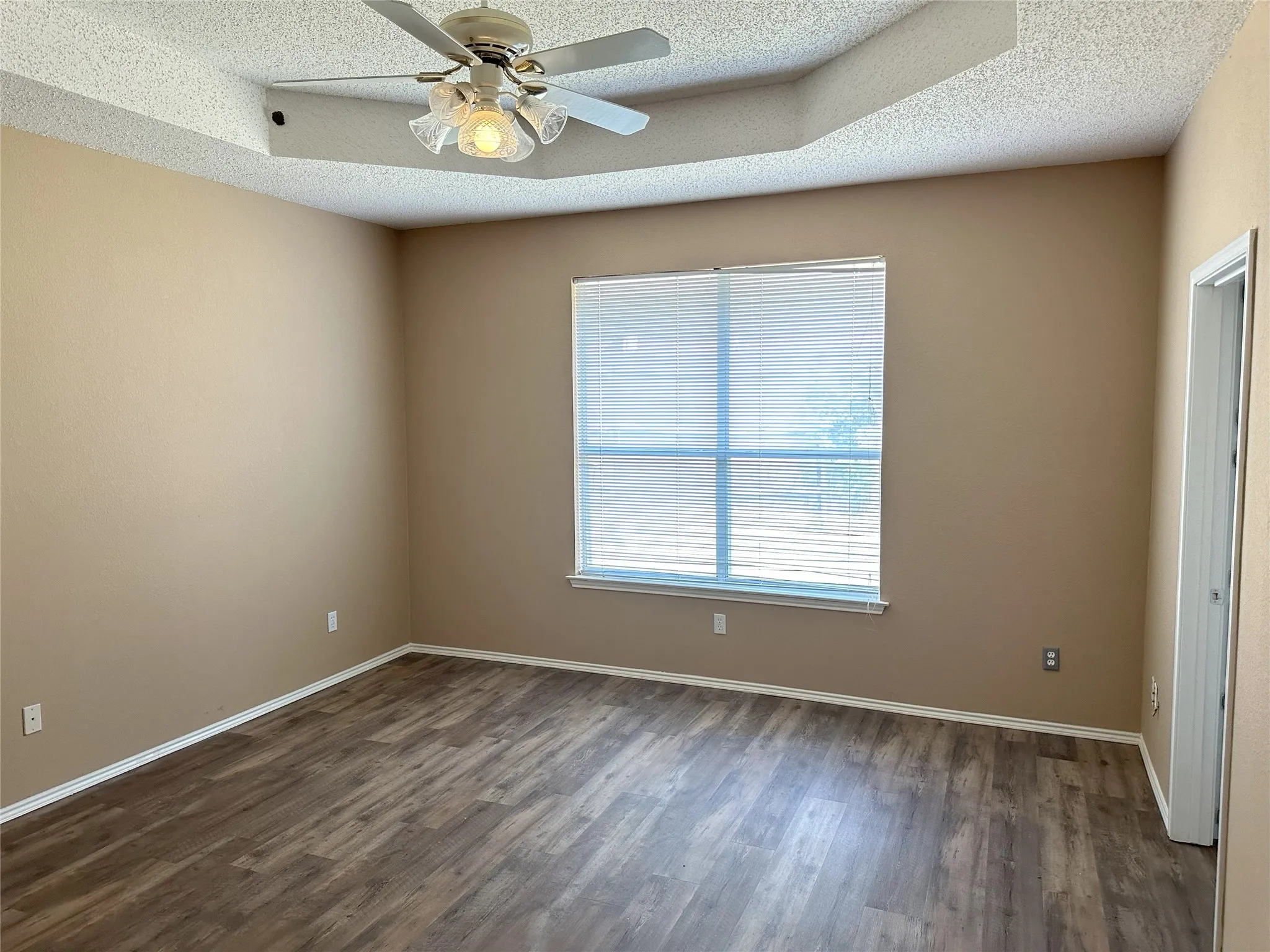 Tray ceiling with a ceiling fan, wood-finish flooring, and a window with blinds