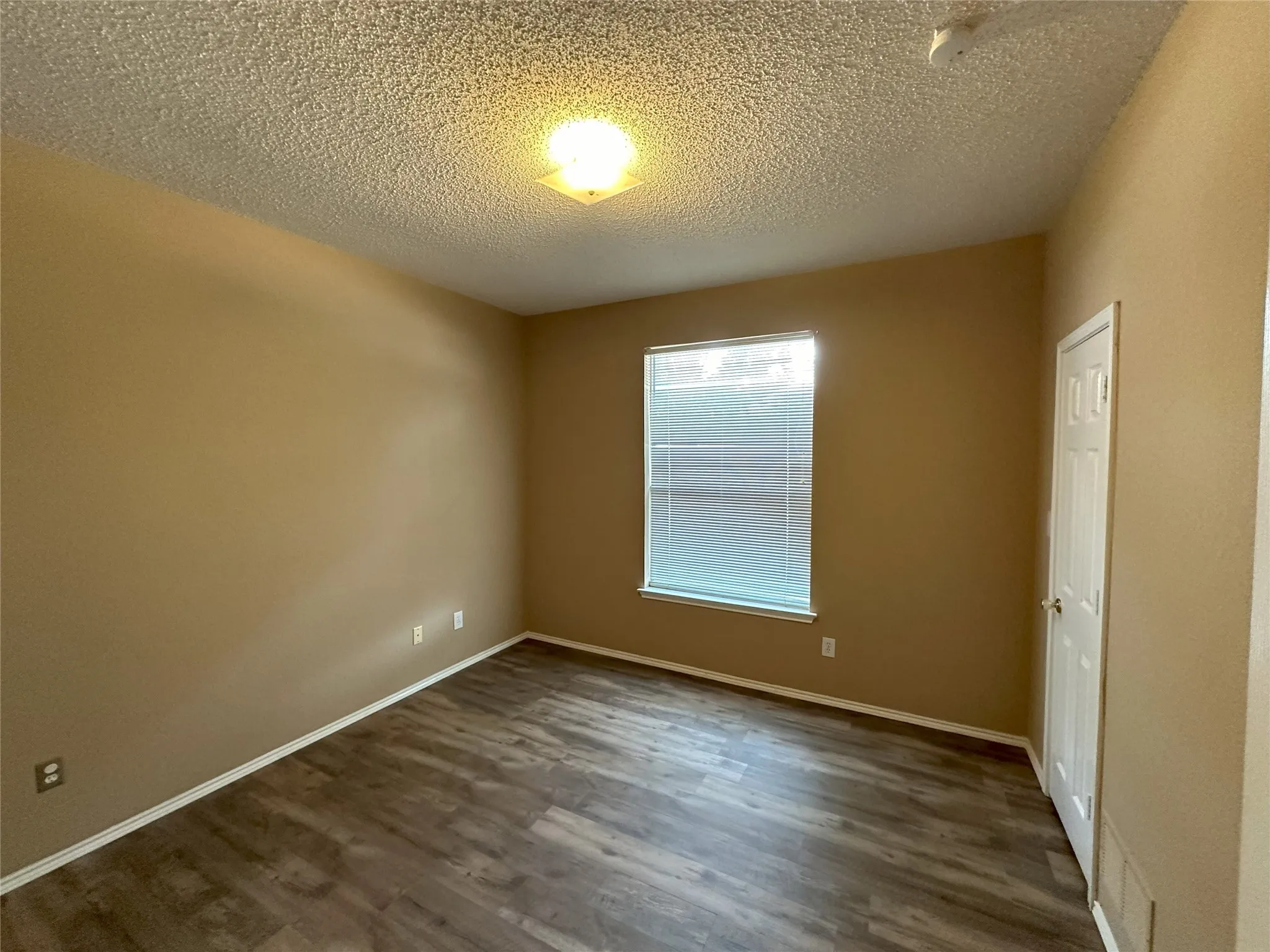 Wood-finish flooring, neutral wall tones, white trim, and a ceiling-mounted light fixture