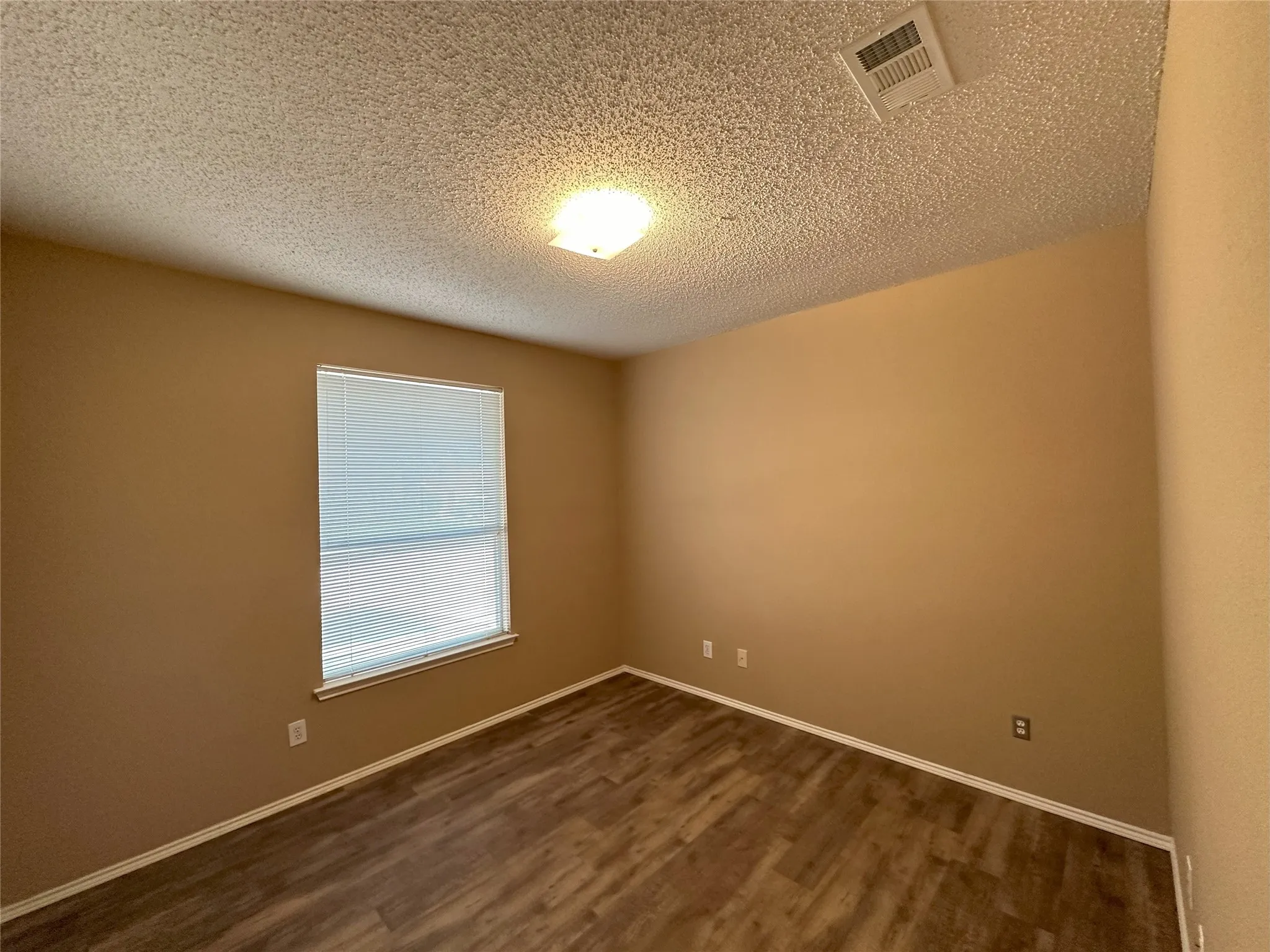 Wood-finish flooring, single window with blinds, ceiling-mounted light fixture, neutral wall palette