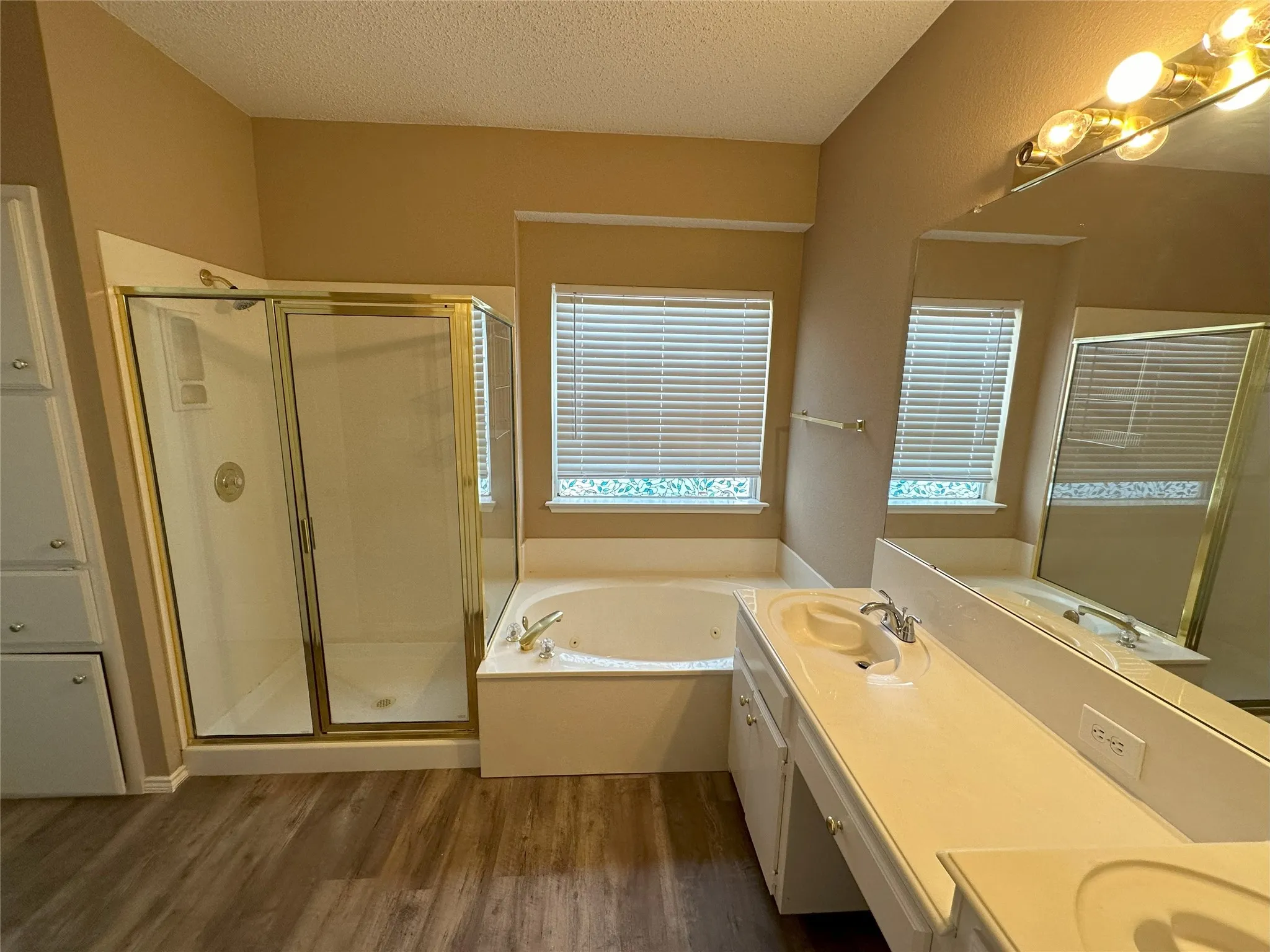 White double vanity with integrated sinks, large soaking tub, separate glass-enclosed shower, wood-finish flooring, and built-in storage cabinetry