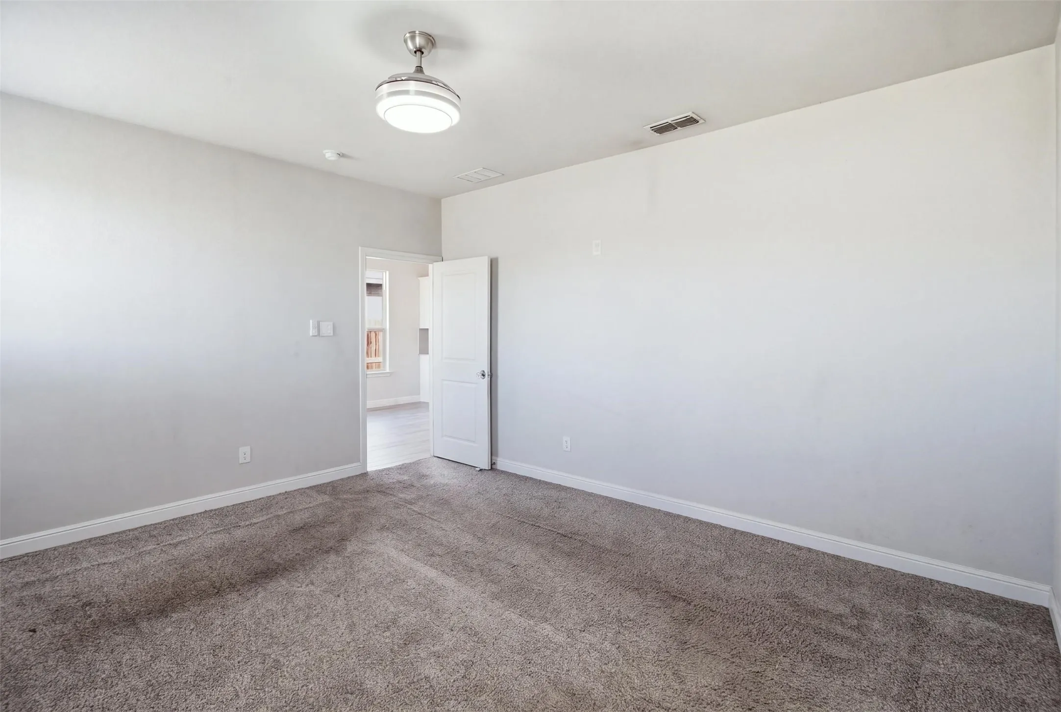 Carpeted flooring, neutral wall finish, ceiling-mounted light fixture, white door