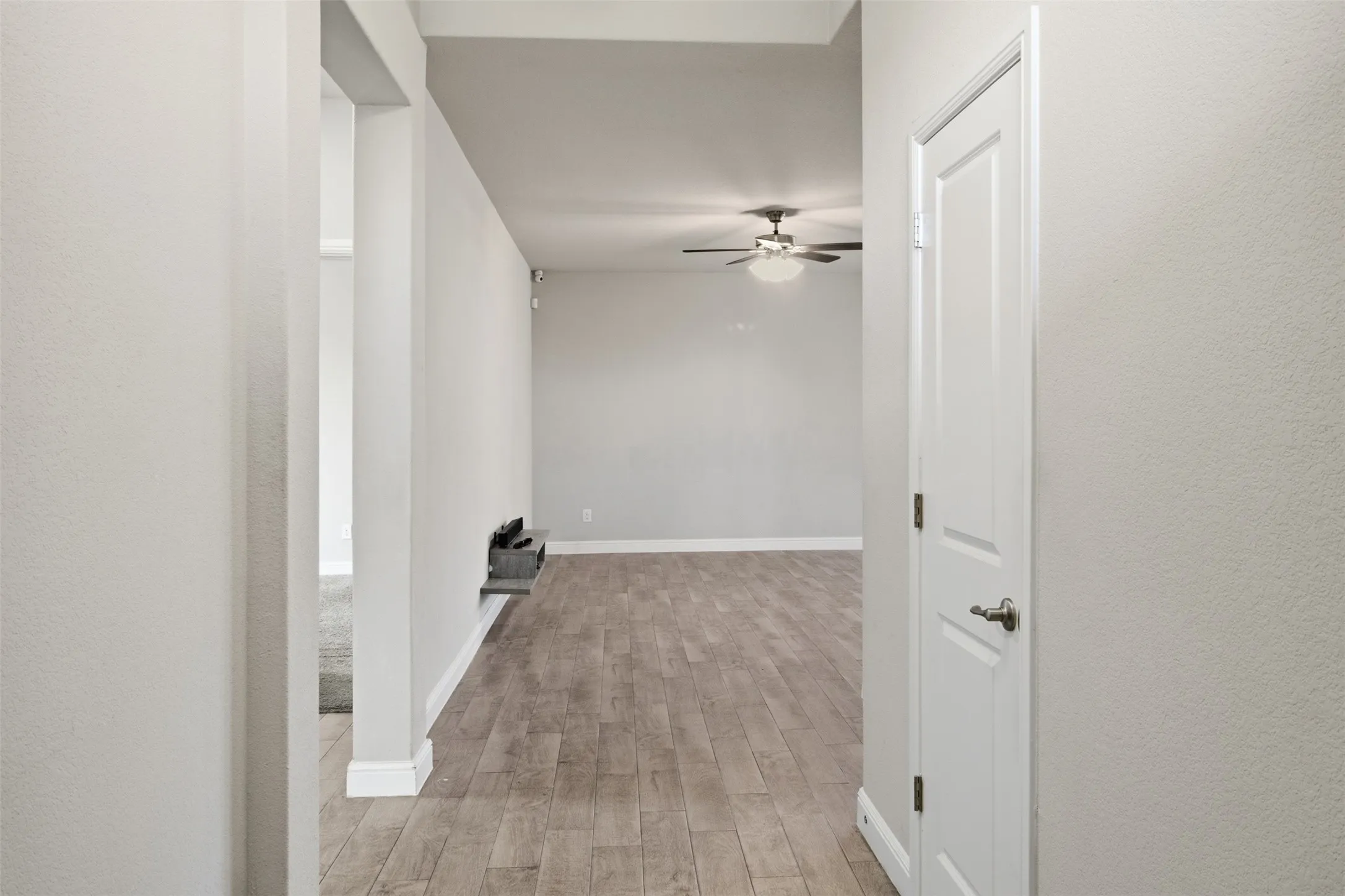Hardwood-style flooring throughout, ceiling fan with integrated lighting, and a white paneled door with brushed nickel hardware