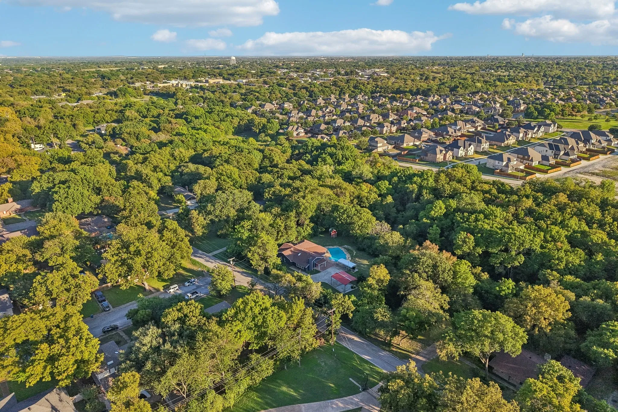 Aerial perspective showcasing dense tree coverage and residential properties