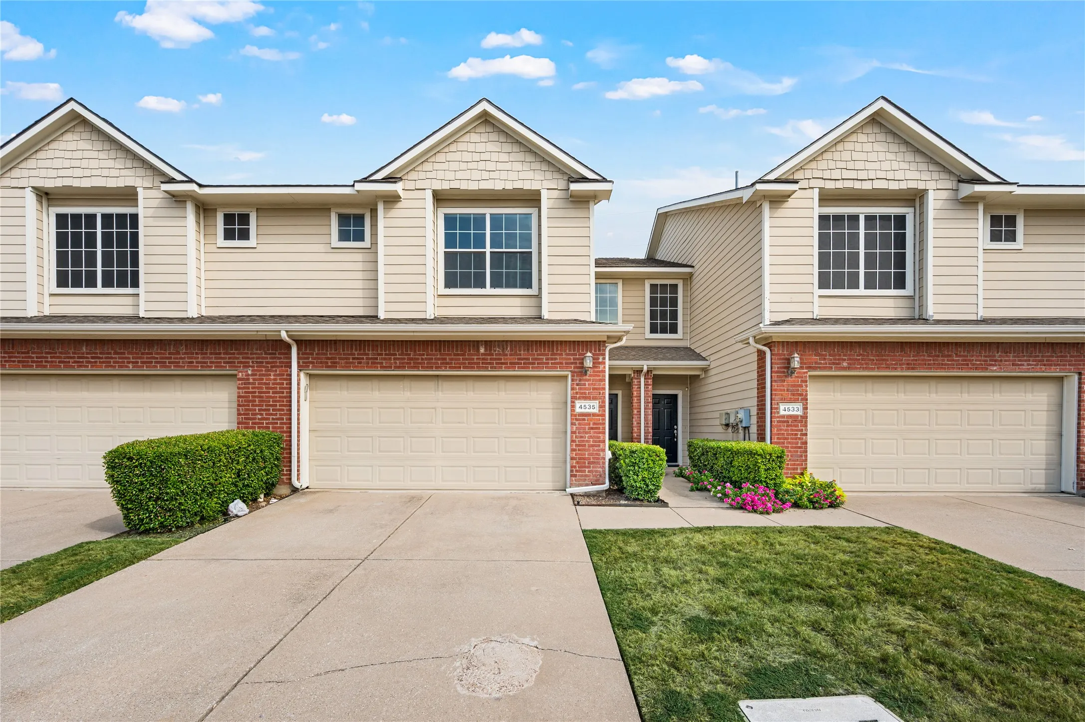 Brick and siding exterior with gabled roof lines