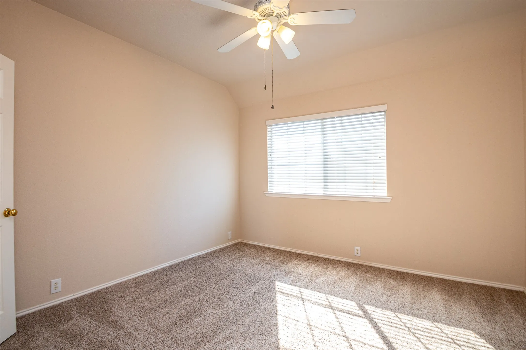 Neutral-toned walls complement the textured carpeting